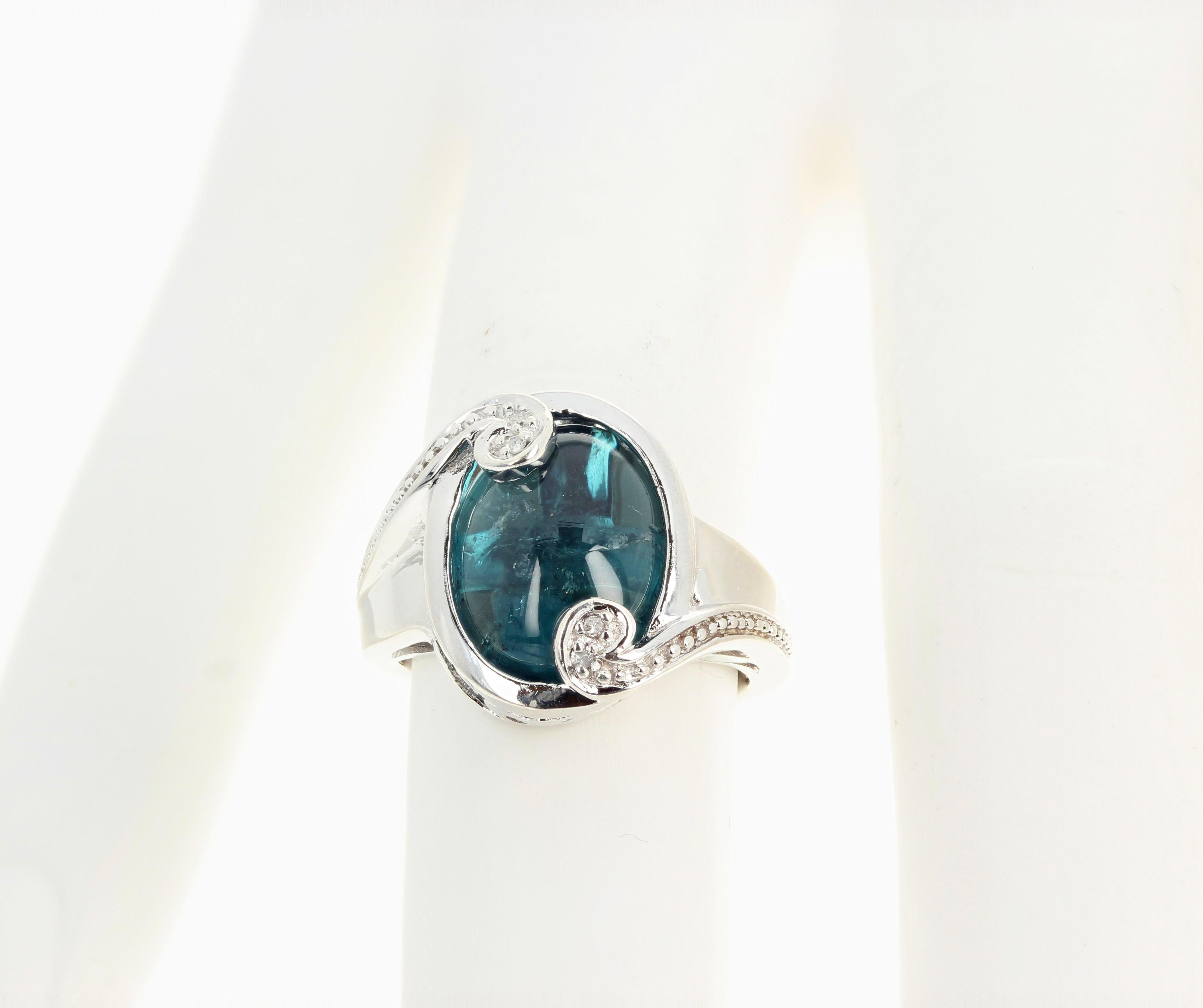 AJD Spectacular 6.38 Cts Blue Indicolite Cabochon Tourmaline & Diamonds Ring In New Condition For Sale In Raleigh, NC