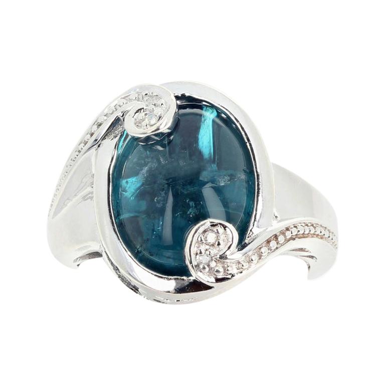 AJD Spectacular 6.38 Cts Blue Indicolite Cabochon Tourmaline & Diamonds Ring For Sale
