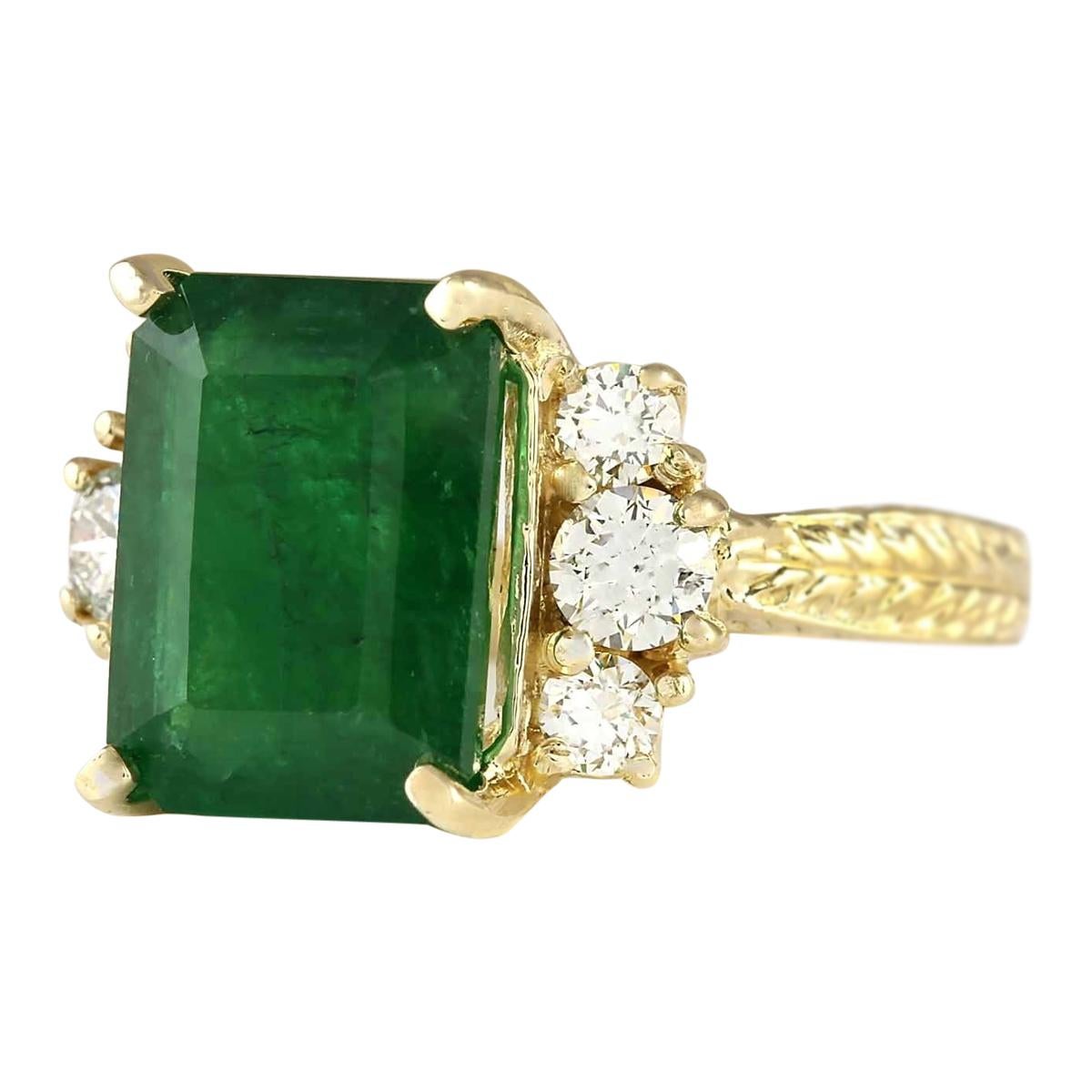 6.38 Carat Emerald 14 Karat Yellow Gold Diamond Ring
Stamped: 14K Yellow Gold
Total Ring Weight: 8.2 Grams
Emerald Weight is 5.78 Carat (Measures: 12.00x10.00 mm)
Diamond Weight is 0.60 Carat
Color: F-G, Clarity: VS2-SI1
Face Measures: 12.35x16.65