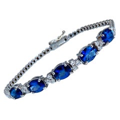 6.38 Carat Natural Vivid Royal Blue Round Sapphires Diamond Bracelet 14 Karat*