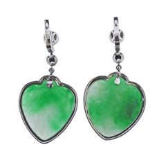 63.80ctw Jadeite Jade Heart Diamond Onyx Gold Drop Earrings
