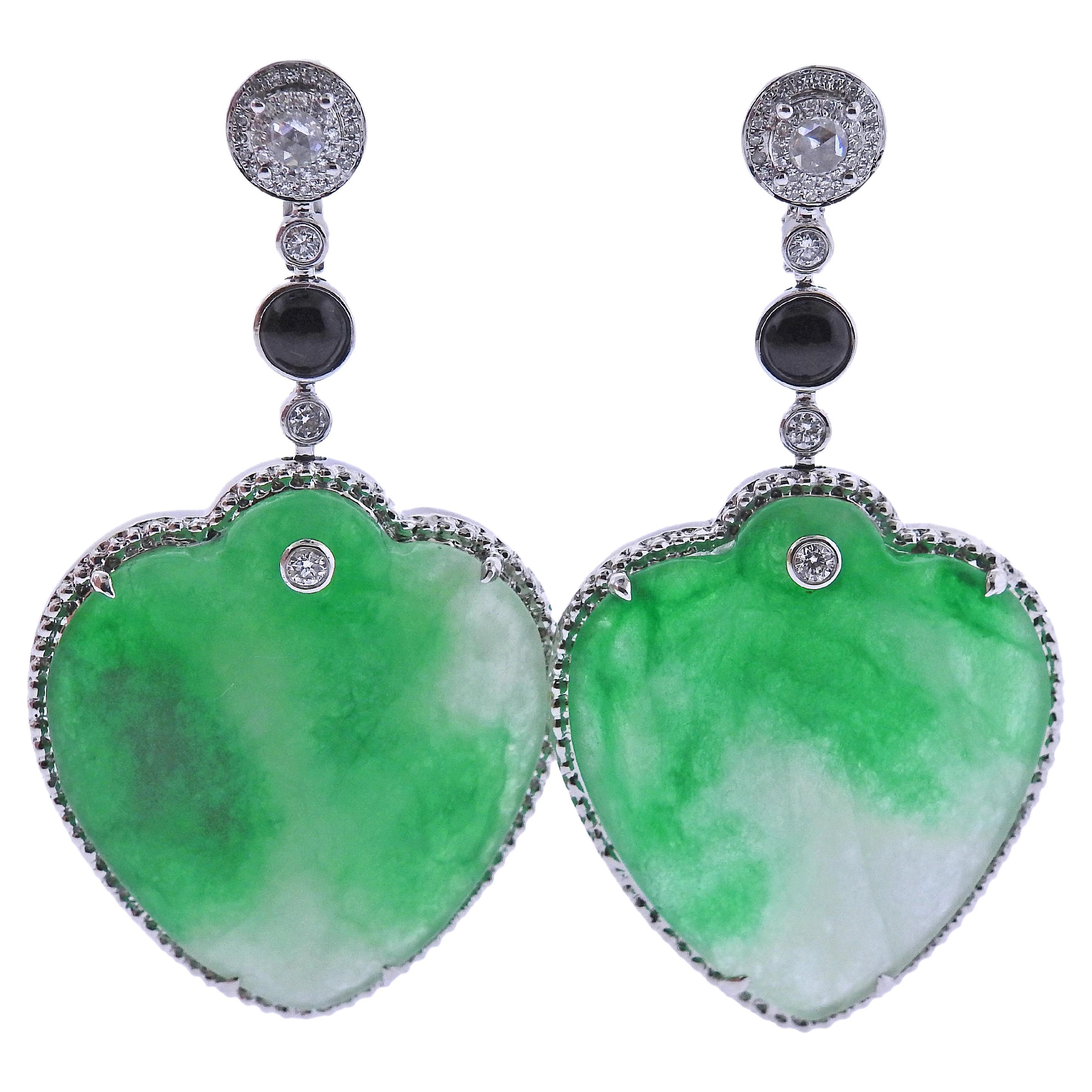 63.80ctw Jadeite Jade Heart Diamond Onyx Gold Drop Earrings