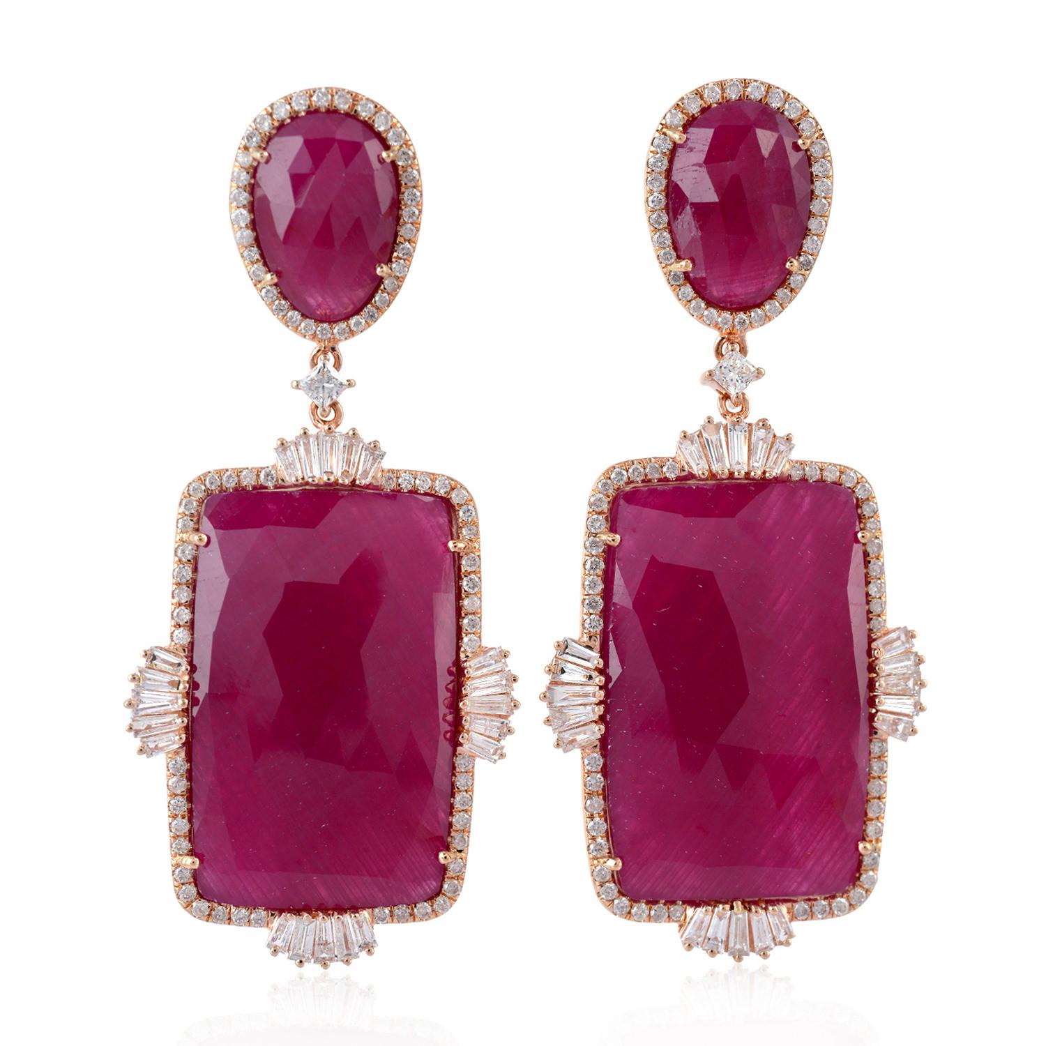 Modern 63.84 Carat Ruby Diamond 18 Karat Gold Earrings For Sale