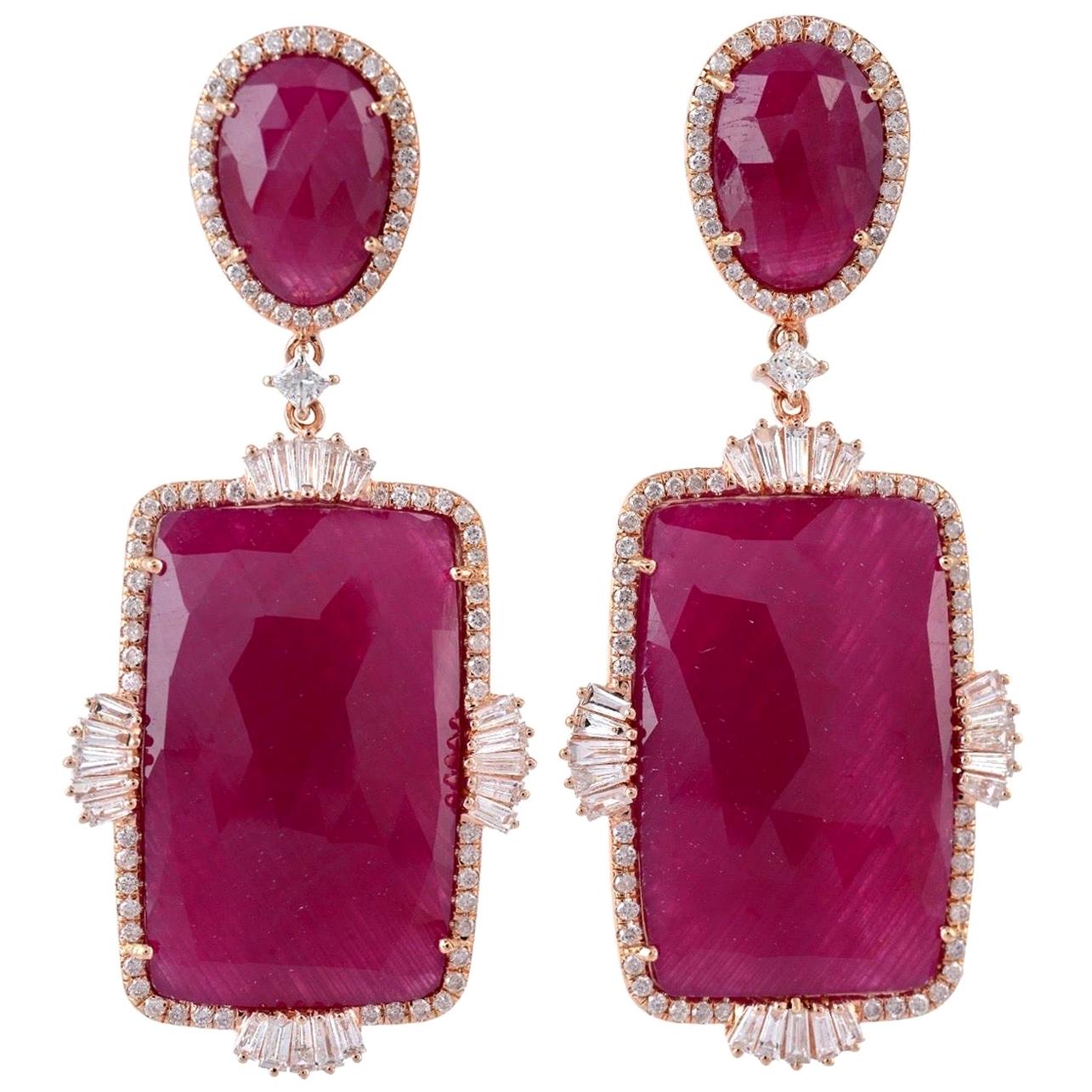 63.84 Carat Ruby Diamond 18 Karat Gold Earrings For Sale
