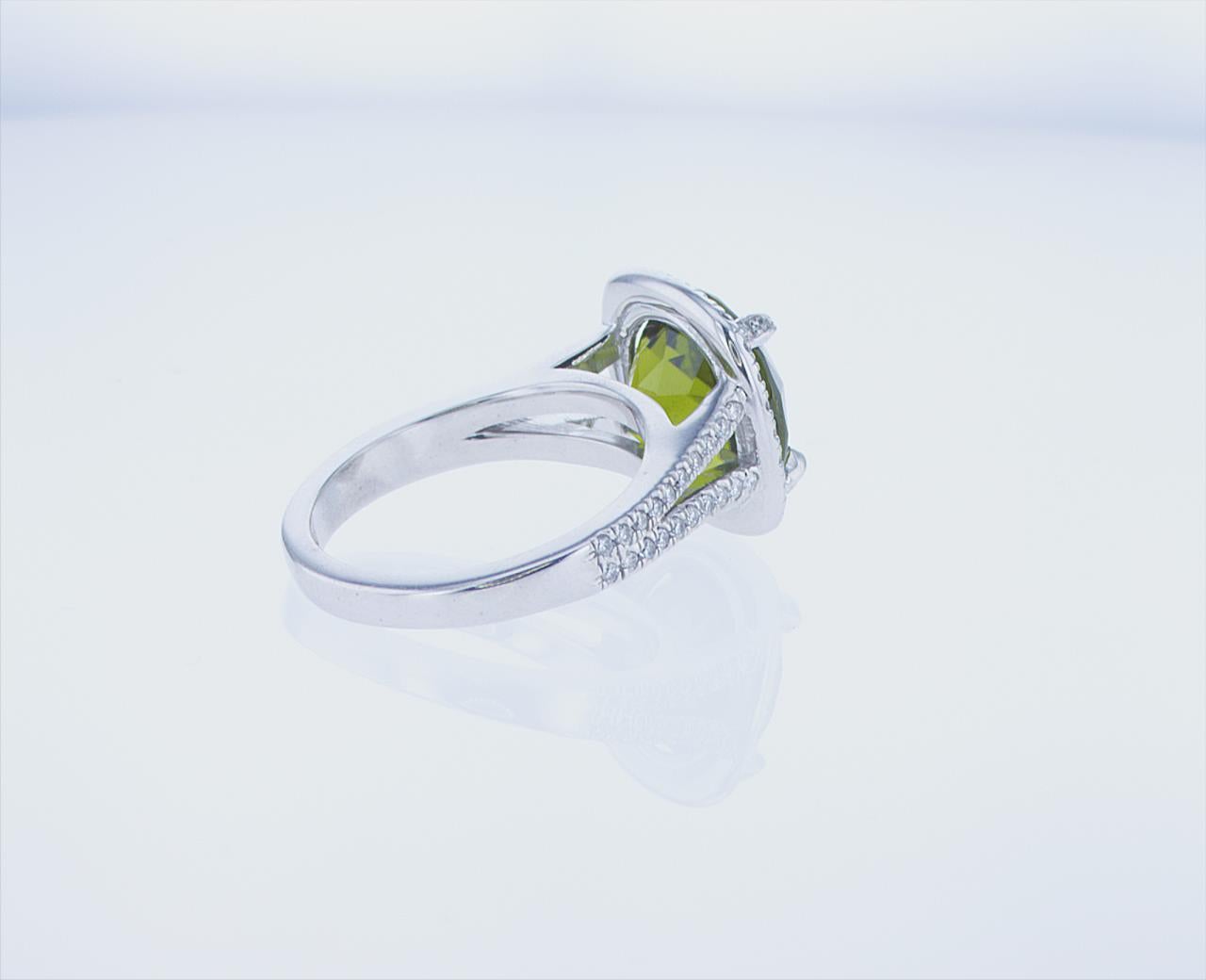 Modern 6.38ct Cushion Shape Peridot Cocktail Ring in 18k White Gold with Palladium For Sale