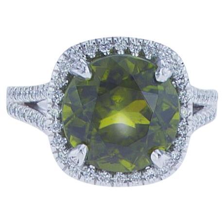 6.38ct Cushion Shape Peridot Cocktail Ring in 18k White Gold with Palladium For Sale