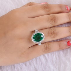 6.38Ct Zambian Emerald Diamond Halo 14k White Gold Statement Engagement Ring
