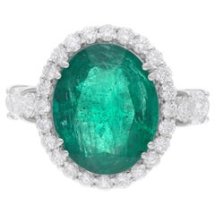 6.38ct Natural Emerald Diamond Halo 18k White Gold Birthstone Engagement Ring