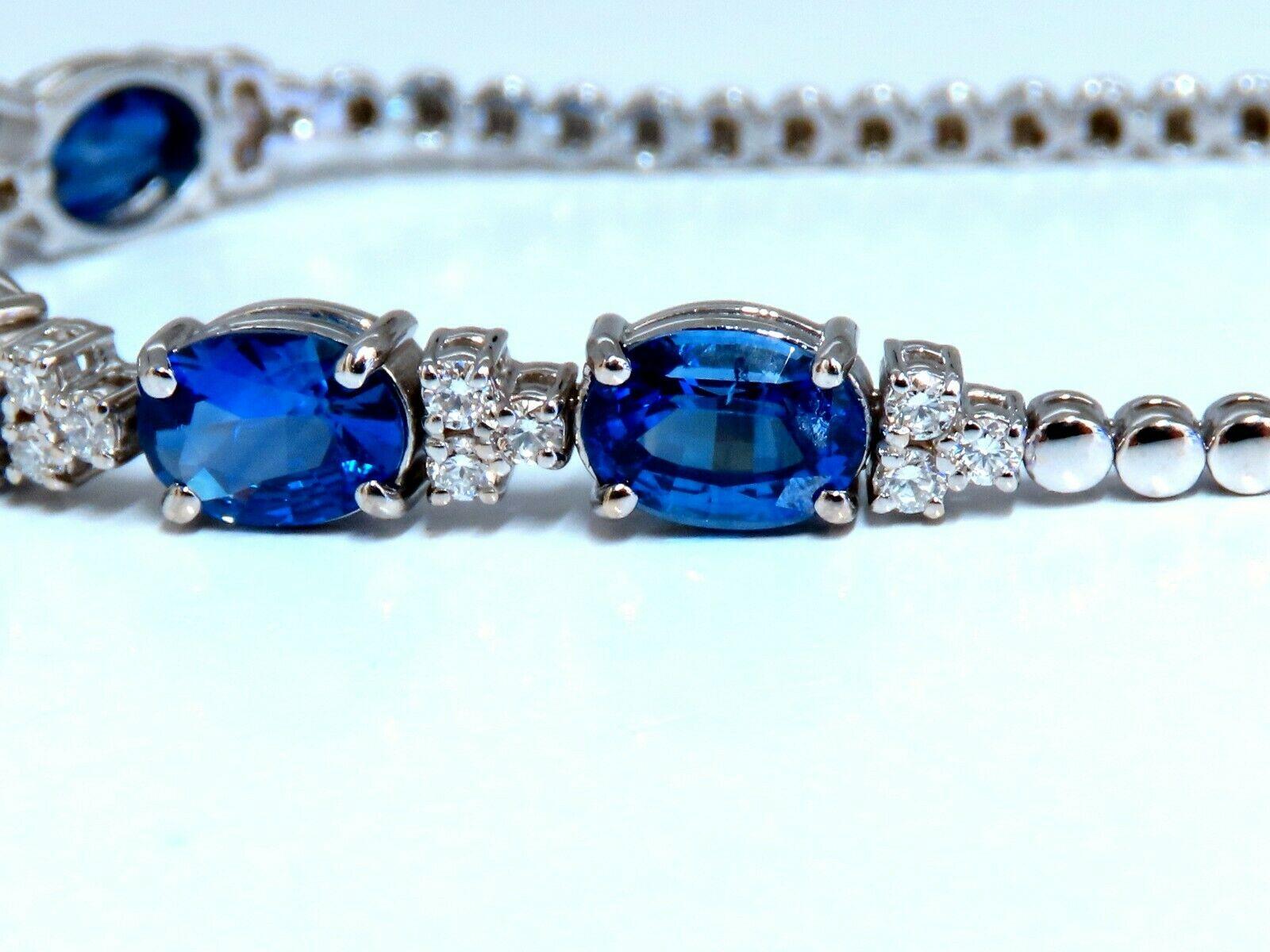 Calibrated Royal Blues Tennis Bracelet.

6.38ct. Natural Blue Sapphires

 & .90ct Diamonds bracelet.

Sapphires Average Each: 7.5 x 5.5mm diameter

Clean Clarity & Transparent.

Vivid Blues and Prime Saturation.

Natural Round Brilliant Diamonds: