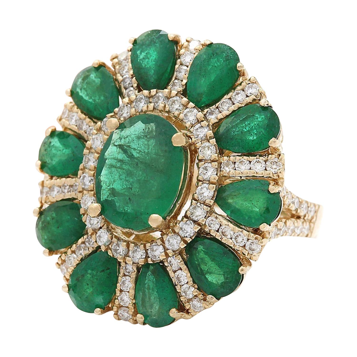 6.39 Carat Natural Emerald 14K Solid Yellow Gold Diamond Ring
 Item Type: Ring
 Item Style: Cocktail
 Material: 14K Yellow Gold
 Mainstone: Emerald
 Stone Color: Green
  CenterStone Weight: 2.10 Carat
  SideStone Weight: 3.34 Carat
 Stone Shape: