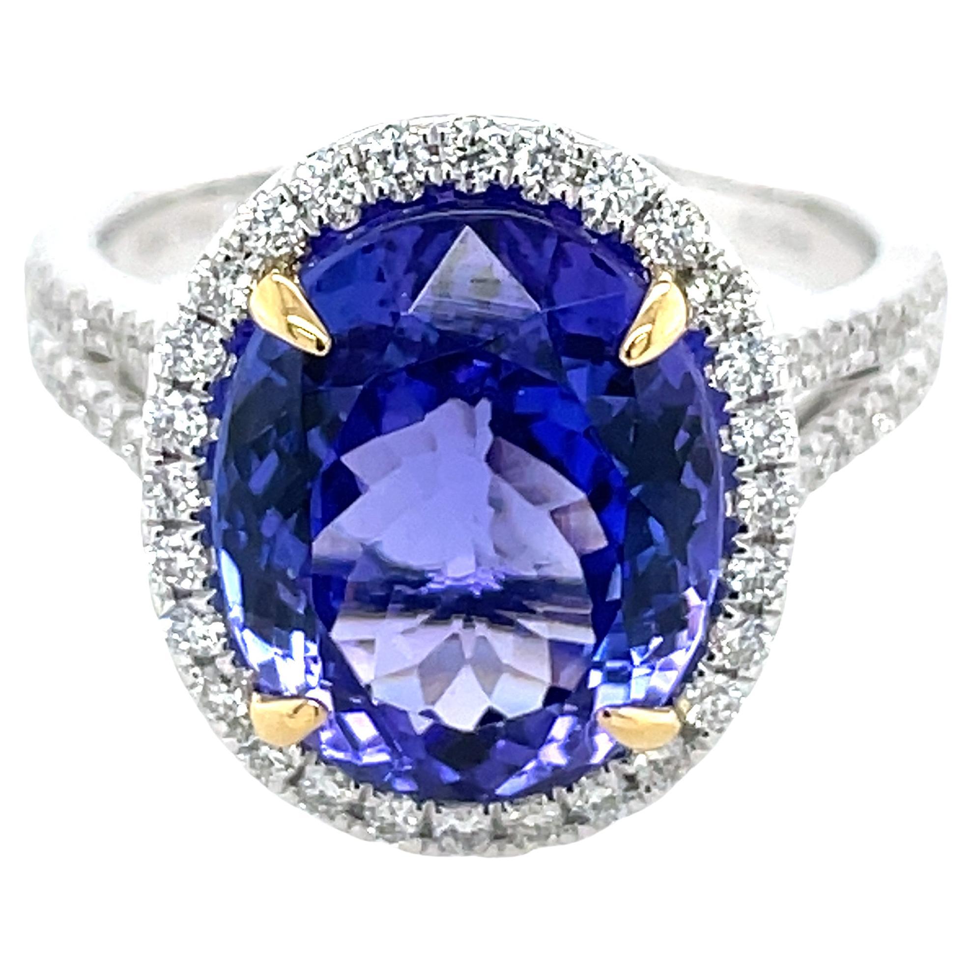 6.39 Carat Oval Tanzanite and Diamond White Gold Cocktail Ring