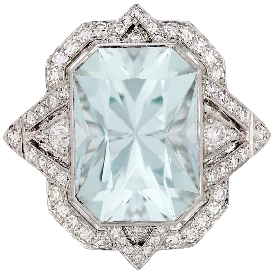 6.39 Carat Radiant Cut Aquamarine and Diamond Ring in Platinum