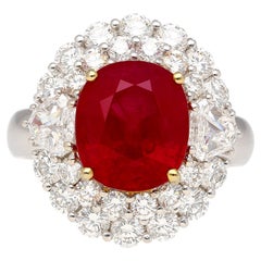 6.39 Carat Vivid Red "Pigeons Blood" Oval Cut Burma Ruby and Diamond Ring