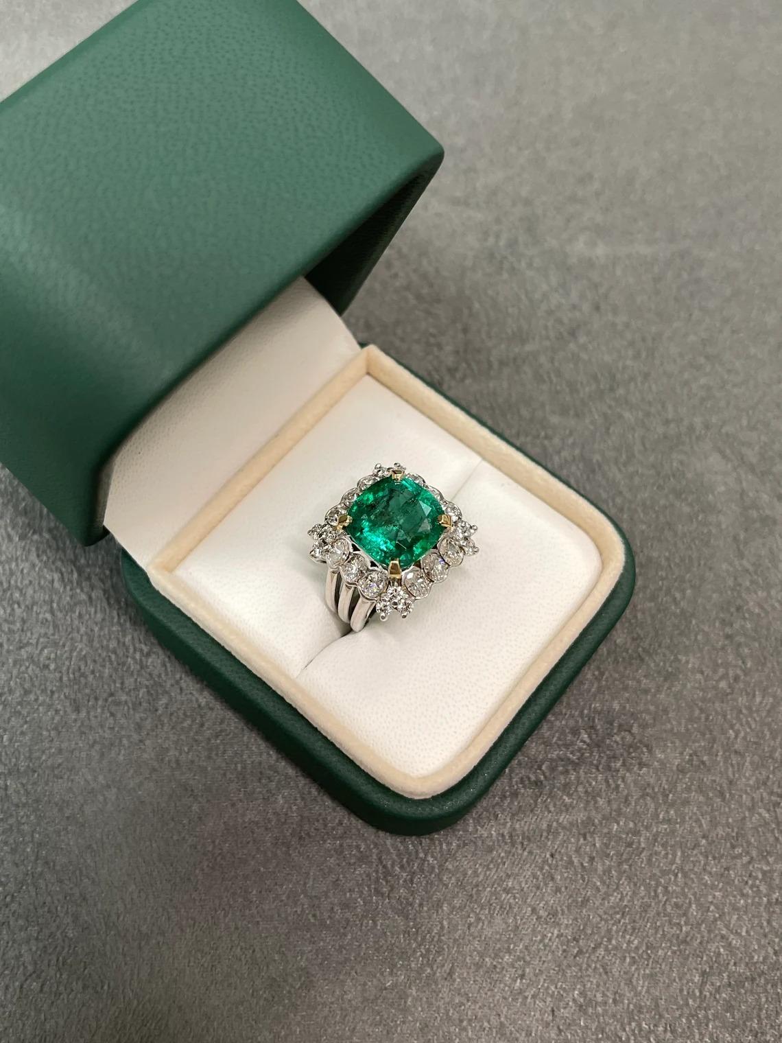 6.39tcw 18K Natural Emerald Cushion Cut & Diamond Halo Cocktail Statement Ring In New Condition For Sale In Jupiter, FL