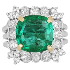 6.39tcw 18K Natural Emerald Cushion Cut & Diamond Halo Cocktail Statement Ring