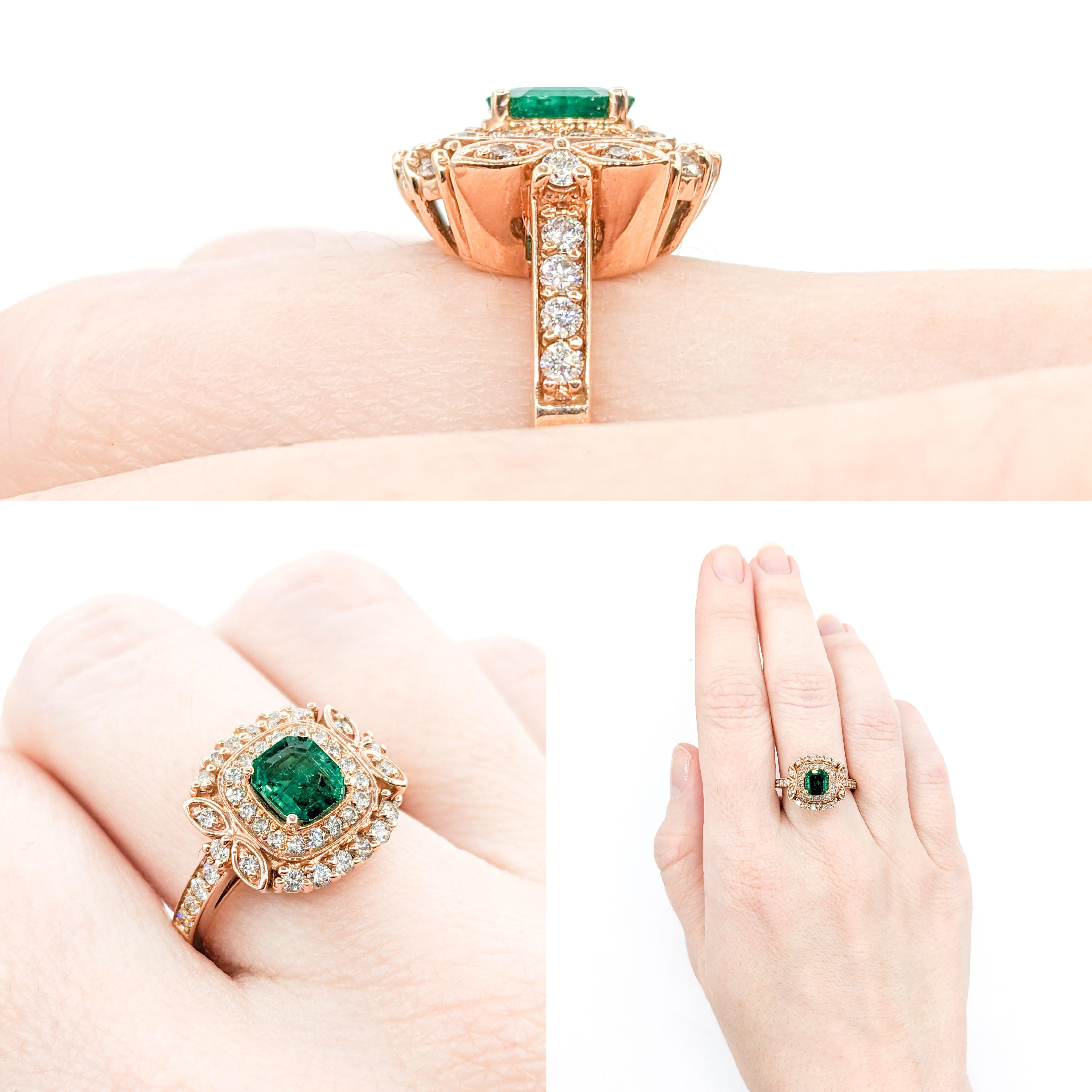 .63ct Emerald & Diamond Ring In Rose Gold

This elegant ring is masterfully designed in 14kt karat rose gold, showcasing .61 carats of radiant round diamonds. These diamonds boast I1 clarity and J-K color, ensuring a dazzling display. Additionally,