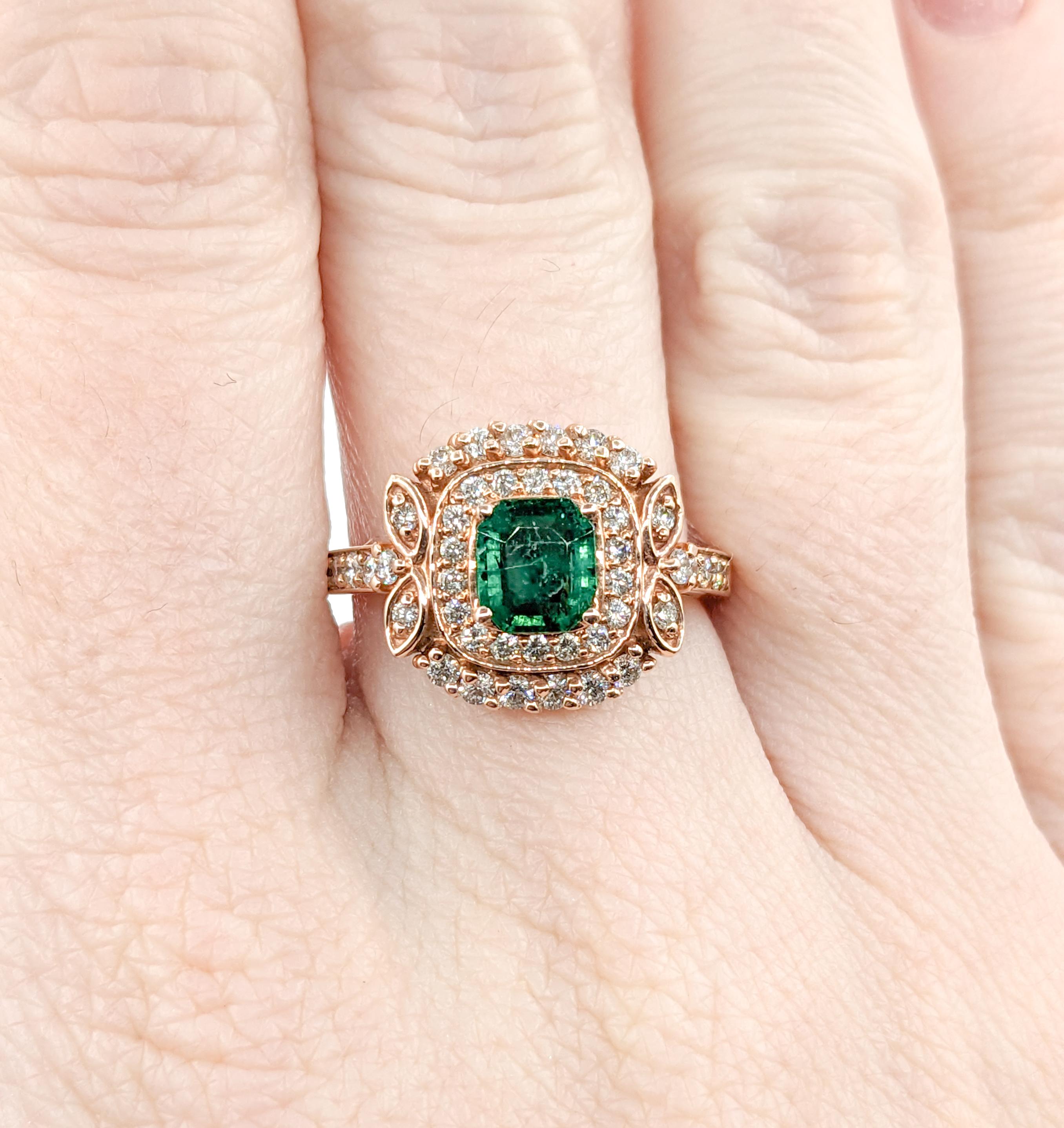 .63ct Emerald & Diamond Ring In Rose Gold In Excellent Condition For Sale In Bloomington, MN
