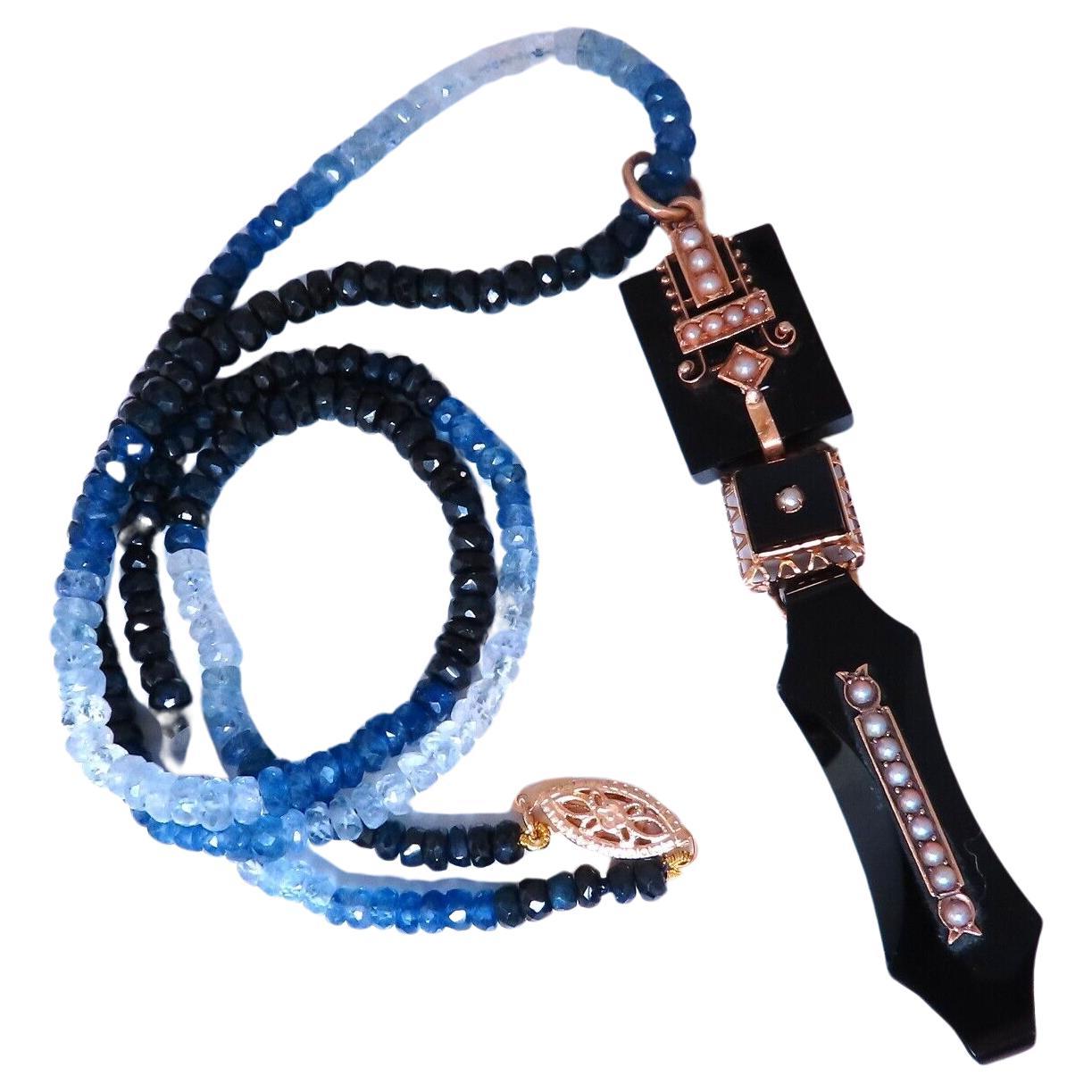 63ct natural Sapphire bead necklace 14 karat clasp Antique Onyx Drop Pendant For Sale
