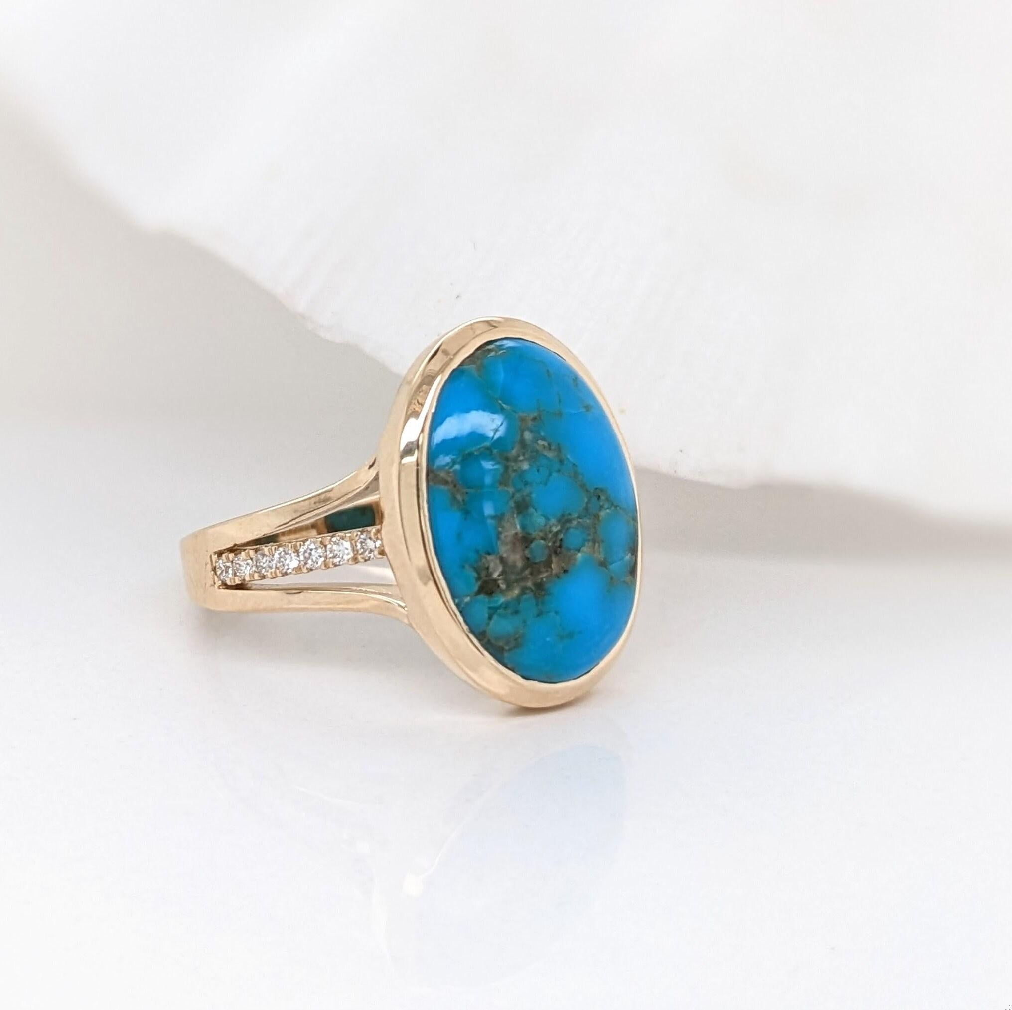 6.3ct Sonoran Turquoise Ring w Earth Mined Diamonds in Solid 14K Gold Oval 16x12 In New Condition In Columbus, OH