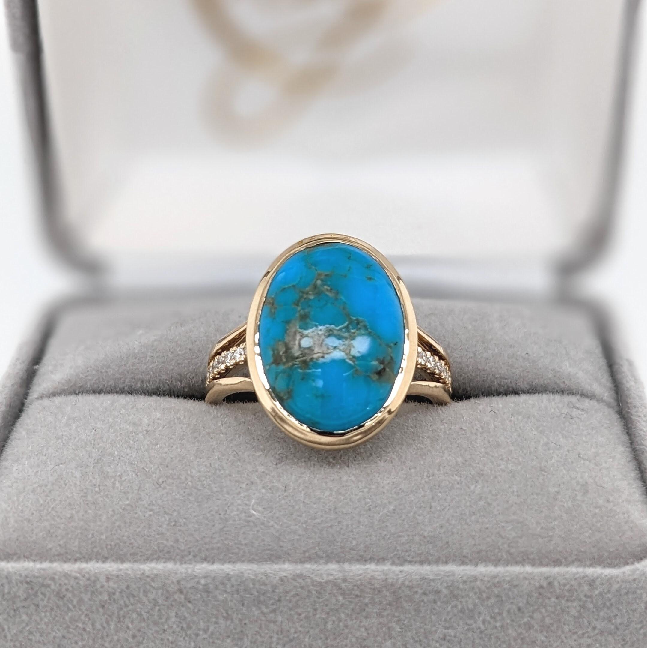 6.3ct Sonoran Turquoise Ring w Earth Mined Diamonds in Solid 14K Gold Oval 16x12 2