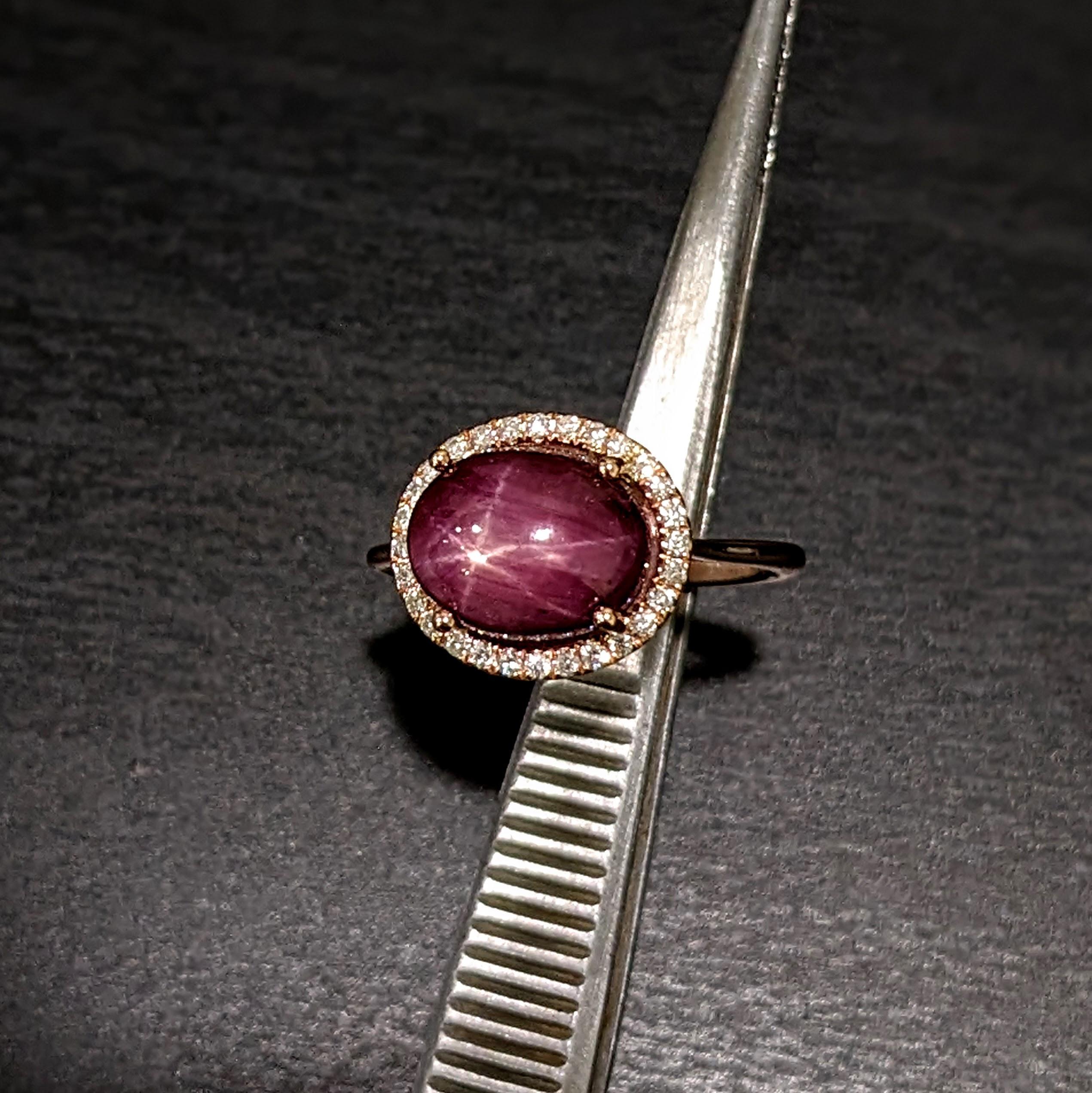 A star ruby is a type of gemstone that displays a six-rayed star when light is shone onto it. Star rubies are unique and mystical gemstones. This art deco east west oval star ruby ring features a stunning red 6.38ct star ruby in a single prong