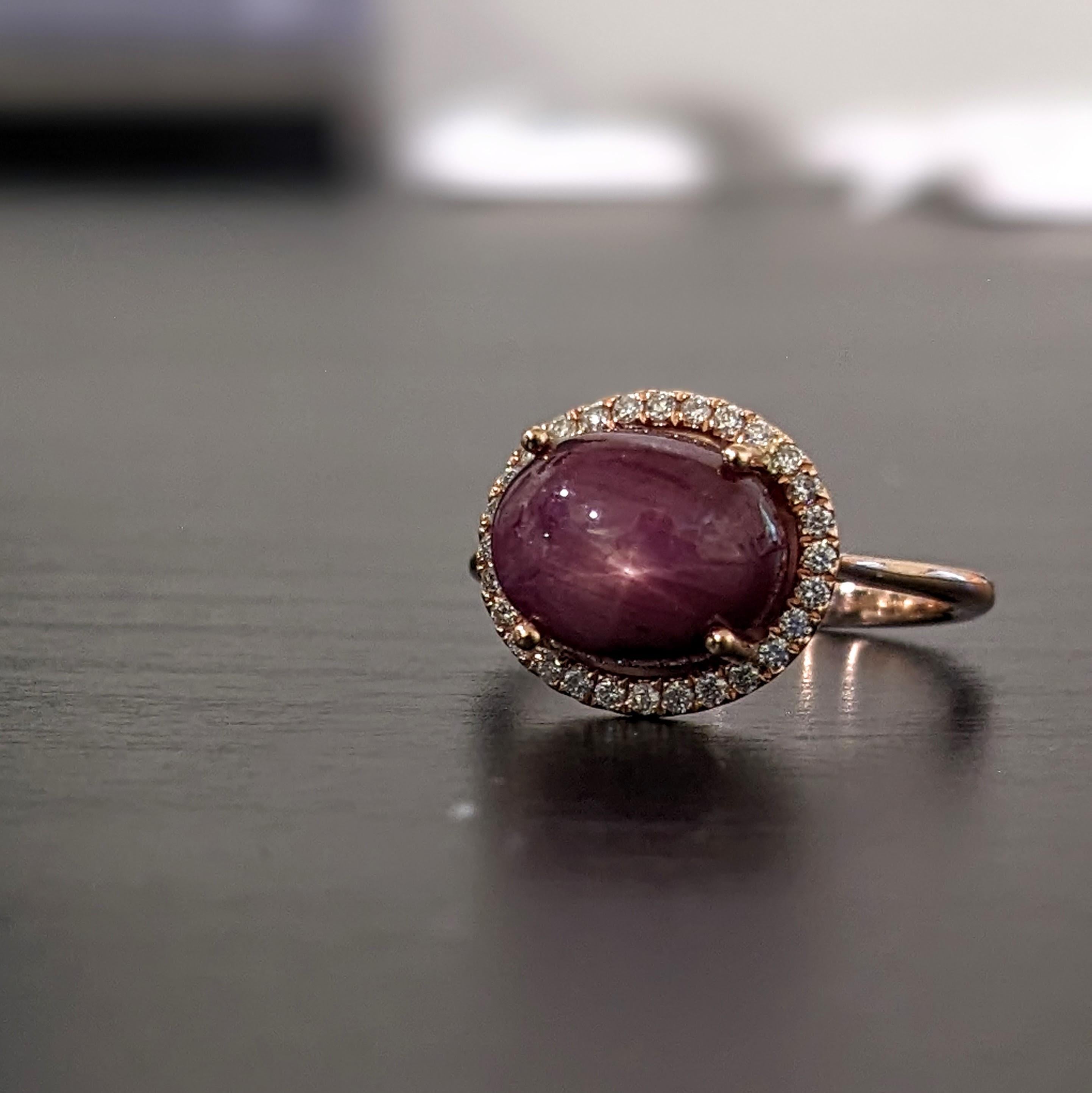 6.3ct Star Ruby Ring w Natural Diamonds in Solid 14K Rose Gold Oval 11x9mm In New Condition In Columbus, OH
