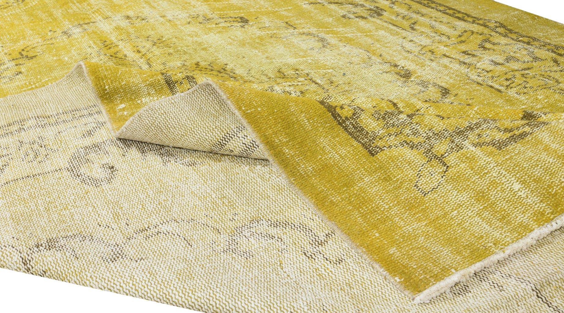 Modern 6.3x10 Ft Contemporary Handmade Turkish Vintage Area Rug Over-Dyed in Yellow For Sale