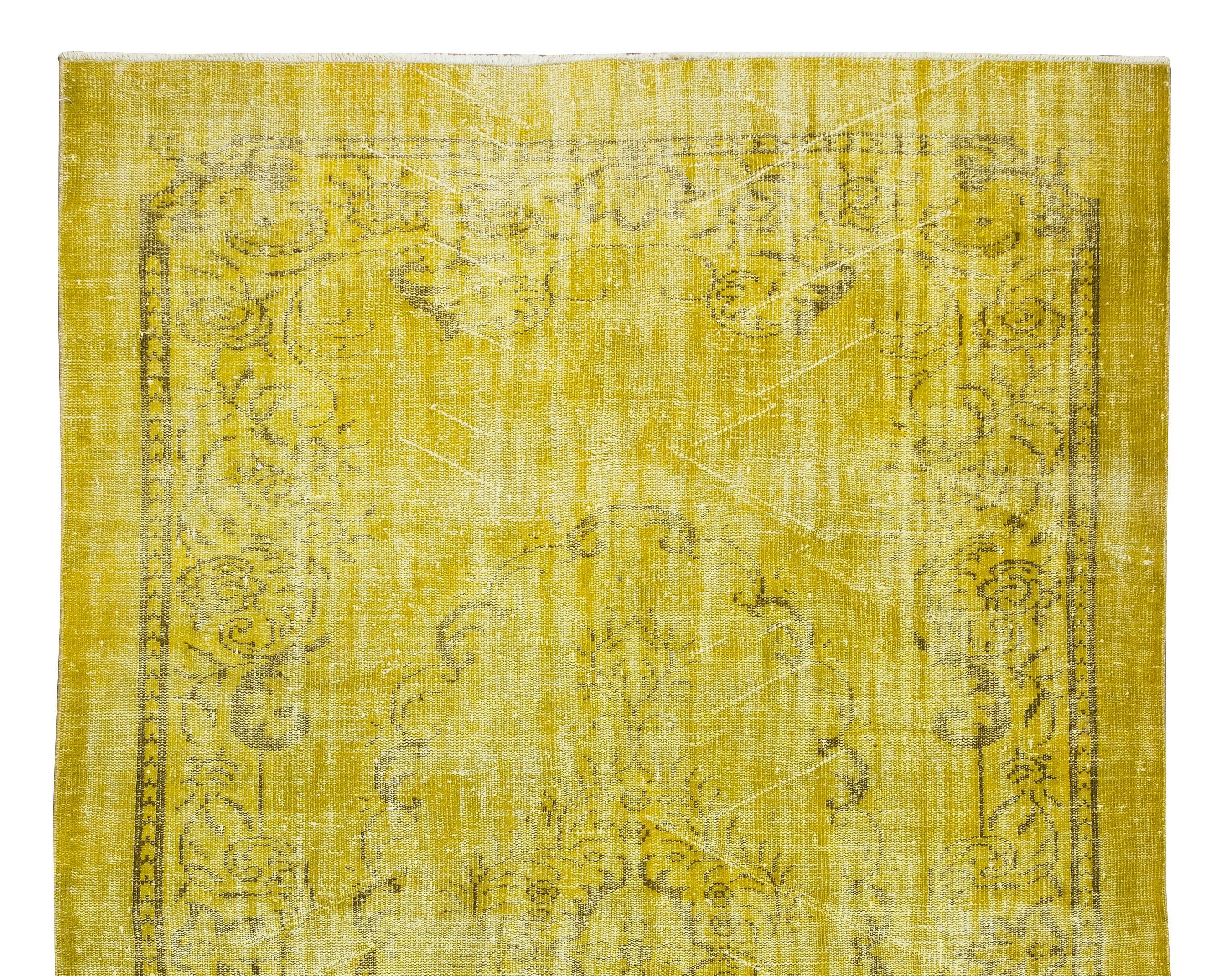 Hand-Knotted 6.3x10 Ft Contemporary Handmade Turkish Vintage Area Rug Over-Dyed in Yellow For Sale