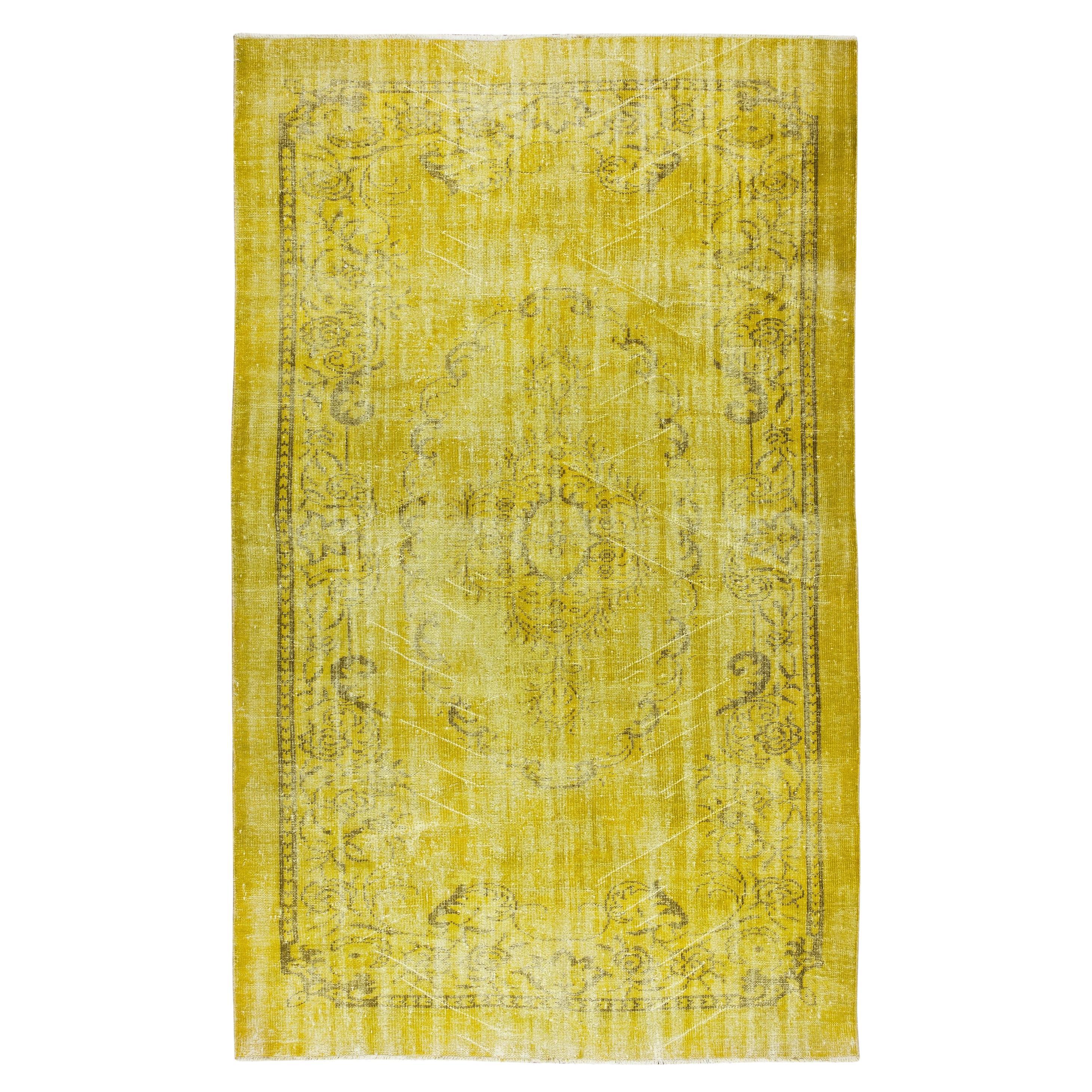 6.3x10 Ft Contemporary Handmade Turkish Vintage Area Rug Over-Dyed in Yellow For Sale