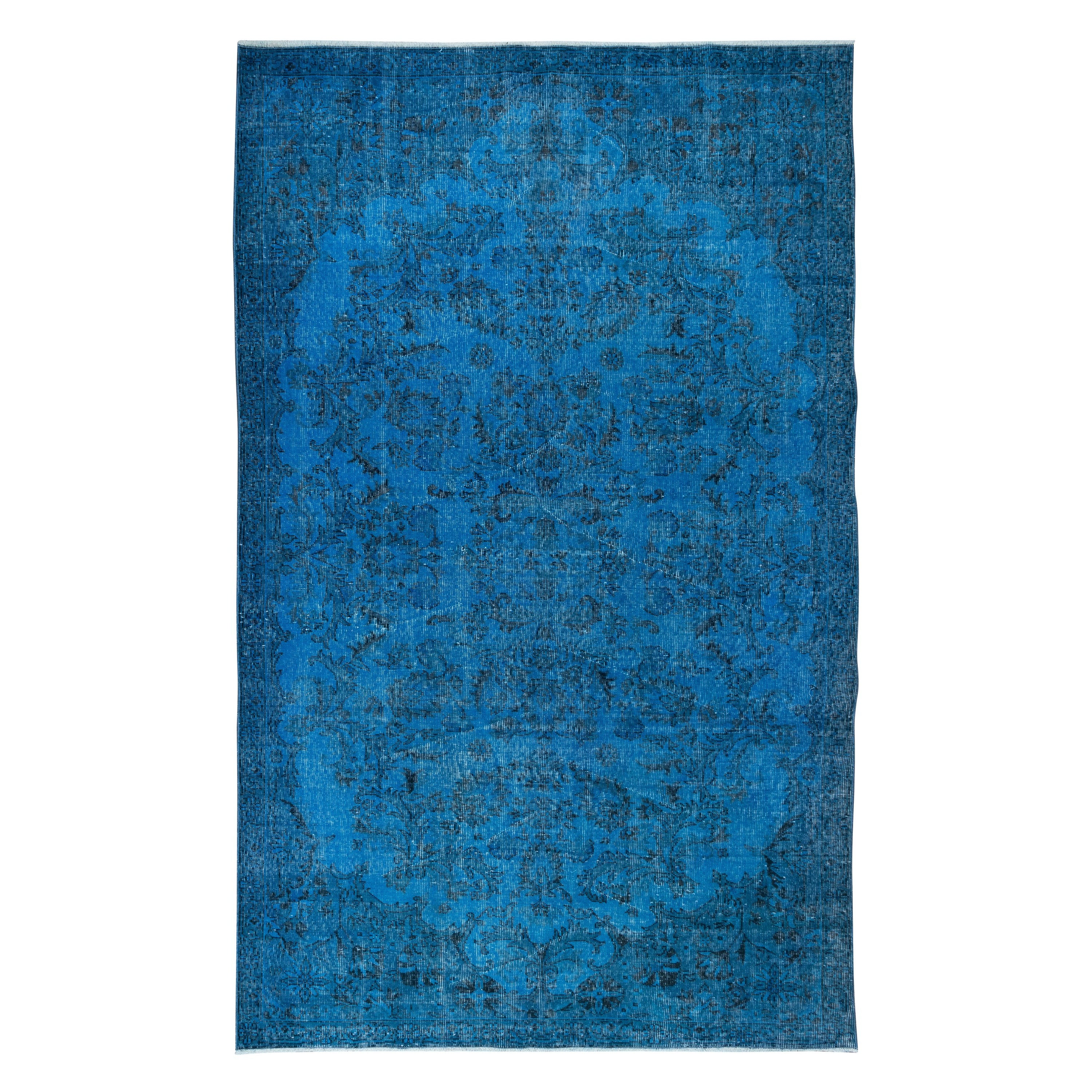 Alfombra turca sobreteñida azul con diseño de jardín floral de 6,3 x 10 pies, hecha a mano en venta