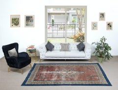 6.3x10 Ft Handmade Turkish Vintage Rug in Soft Red, Beige with Blue Solid Border