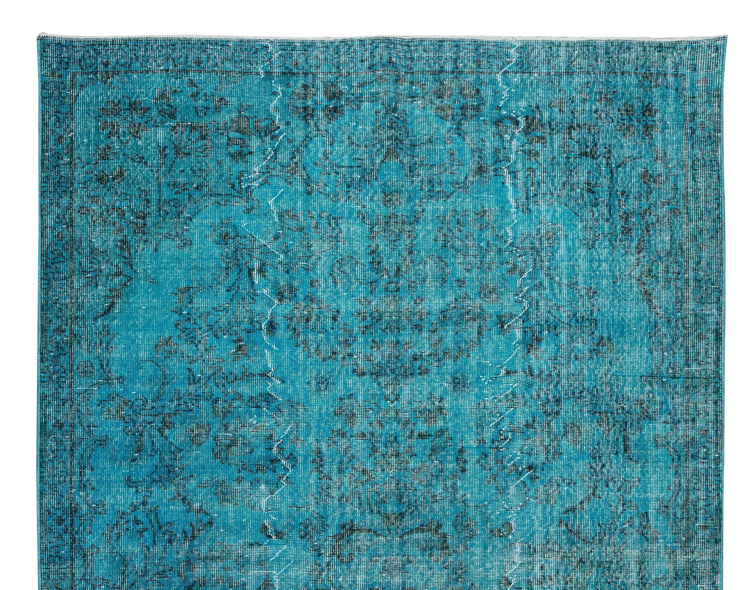 Handmade Vintage Turkish Area Rug Re-Dyed in Teal for Modern Interiors In Good Condition For Sale In Philadelphia, PA