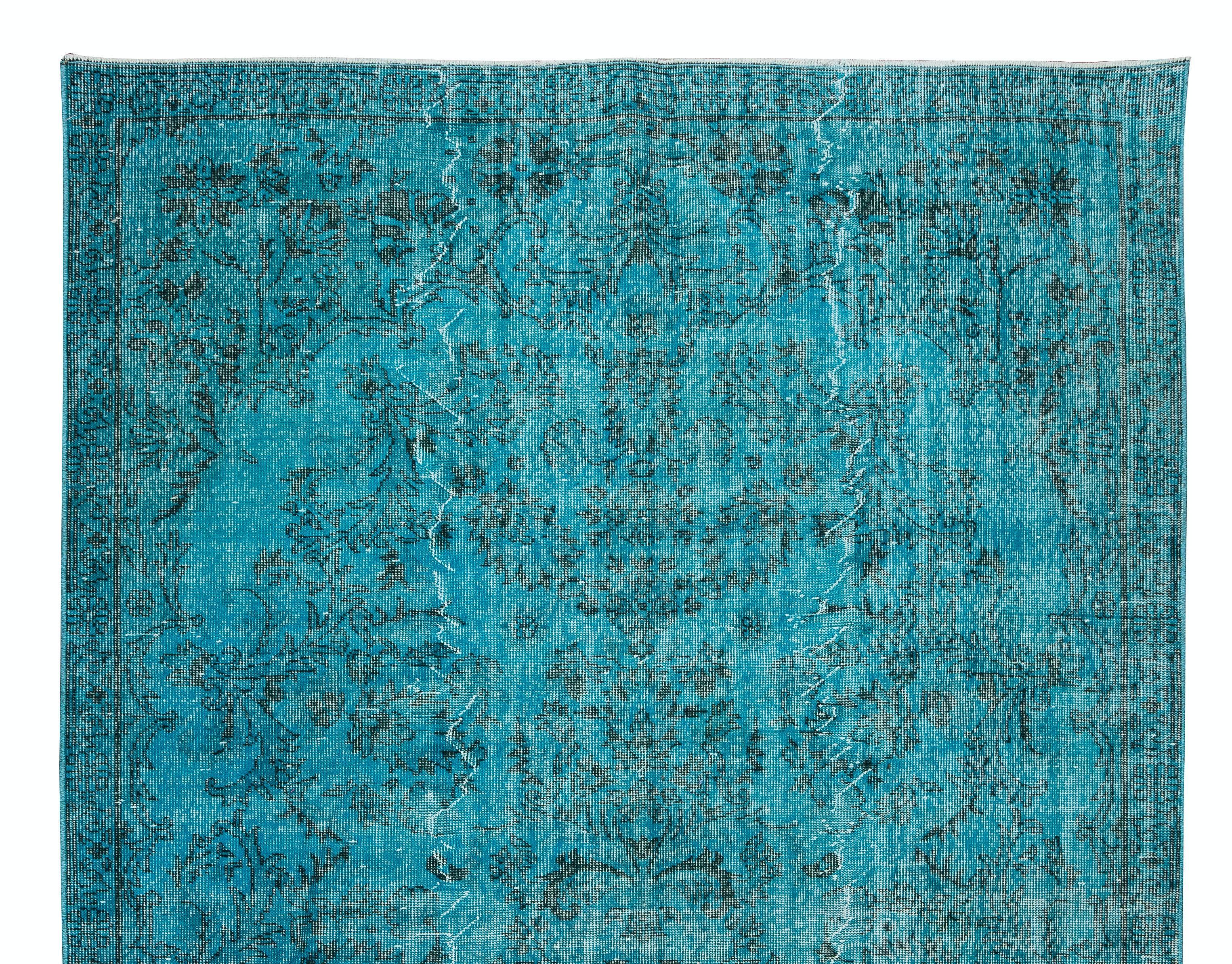 Handmade Vintage Turkish Area Rug Re-Dyed in Teal for Modern Interiors In Good Condition For Sale In Spring Valley, NY