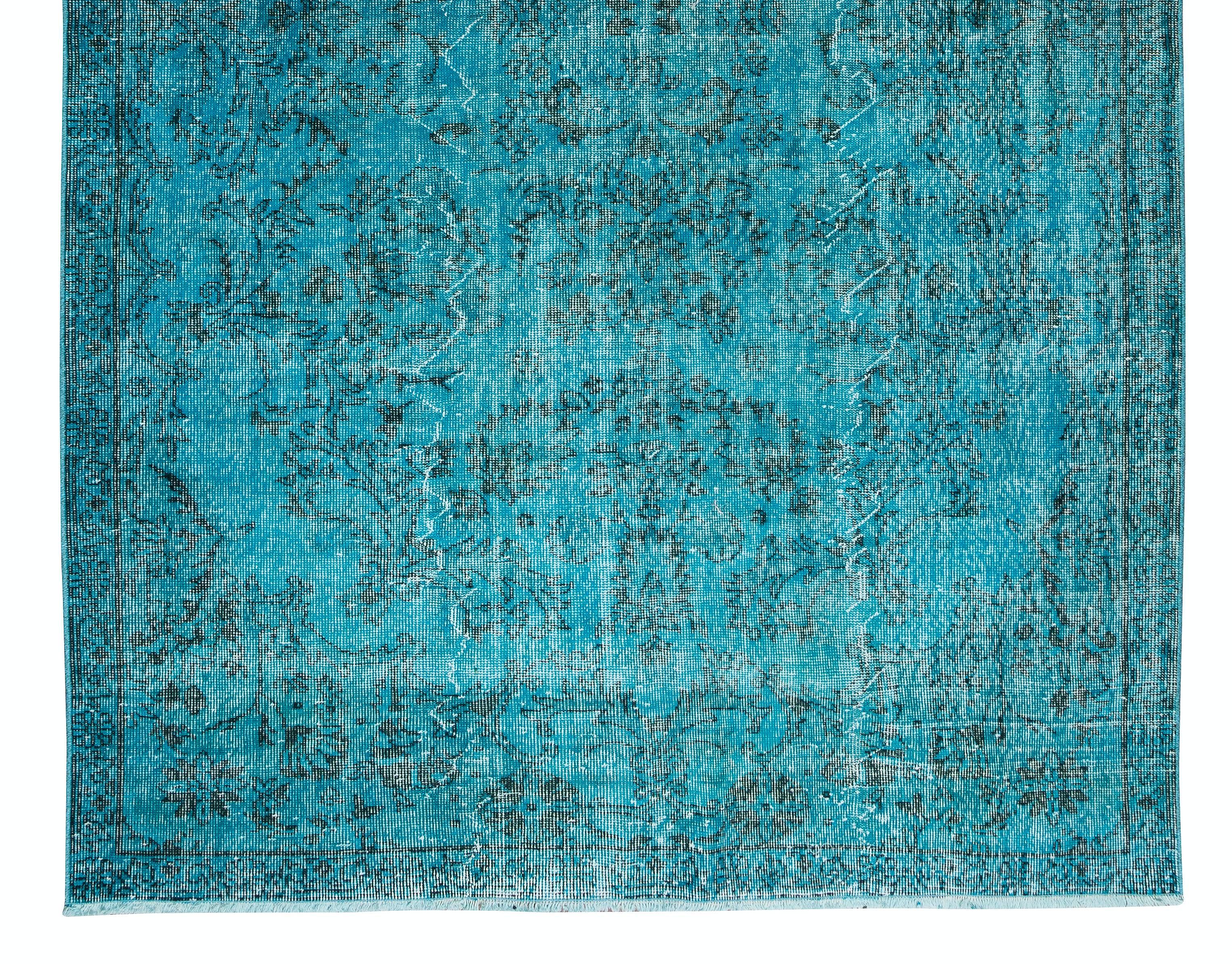 20th Century Handmade Vintage Turkish Area Rug Re-Dyed in Teal for Modern Interiors For Sale