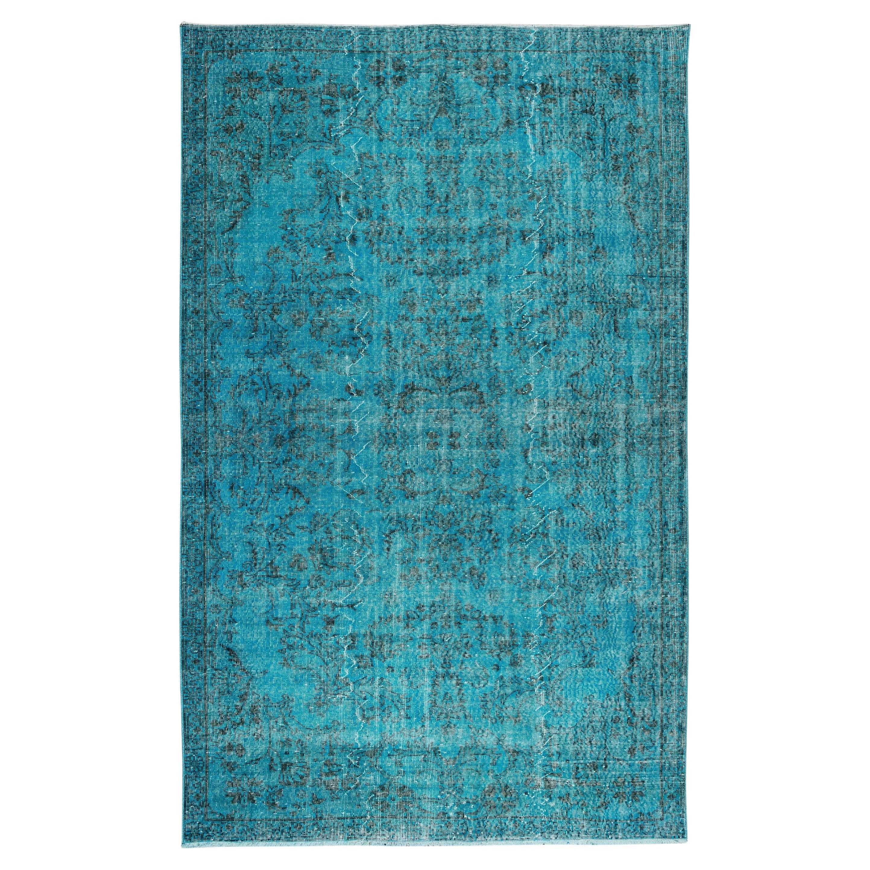 Handmade Vintage Turkish Area Rug Re-Dyed in Teal for Modern Interiors For Sale