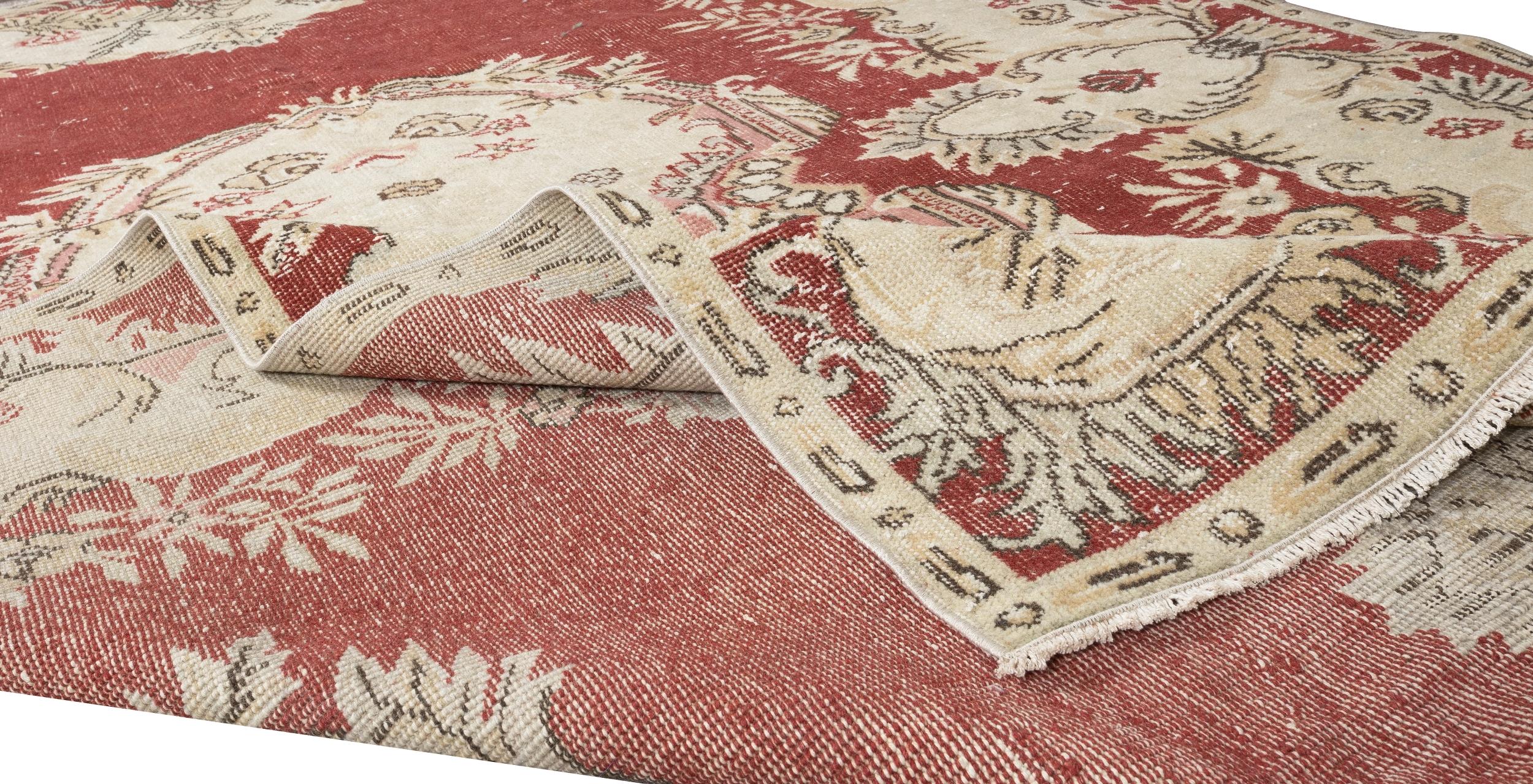 Hand-Knotted 6.3x10 ft One-of-a-kind Vintage Handmade Anatolian Area Rug in Red & Beige For Sale