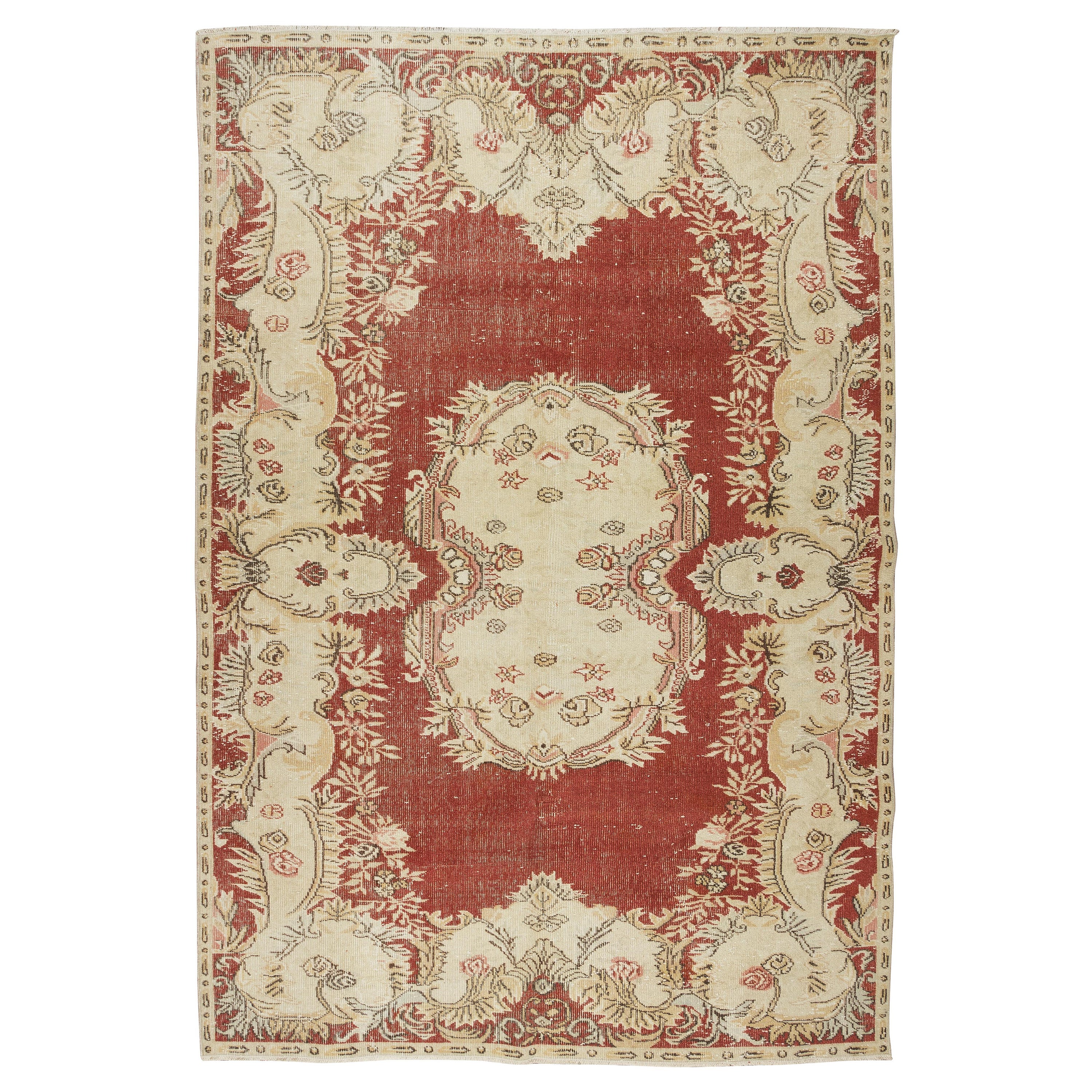 6.3x10 ft Einzigartiger handgefertigter anatolischer Teppich in Rot und Beige