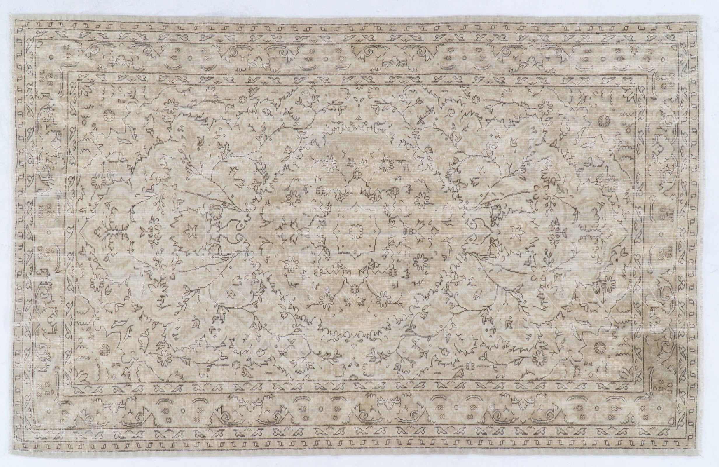 Turkish 6.3x10 Ft Vintage Distressed Handmade Wool Anatolian Rug in Soft Neutral Colors For Sale