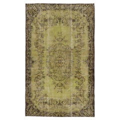 Vintage 6.3x10.2 Ft Turkish Rug Overdyed in Light Green, Floral Medallion Design Carpet