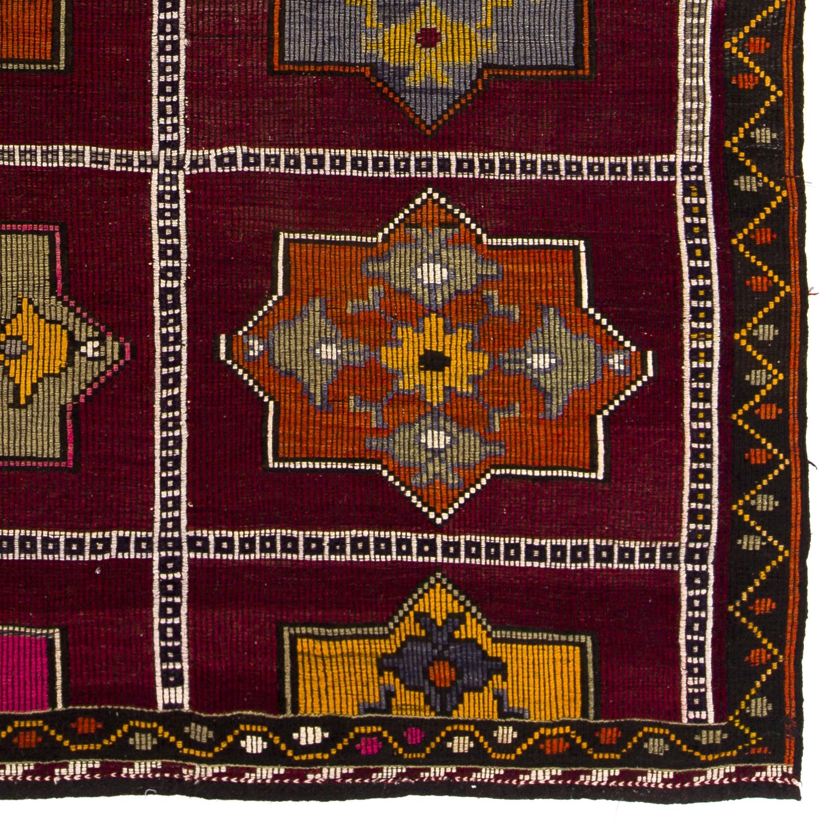 6.3x10.3 Ft Einzigartiger handgefertigter türkischer Vintage-Kilim 'Flachgewebe', 100% Wolle (Handgewebt) im Angebot
