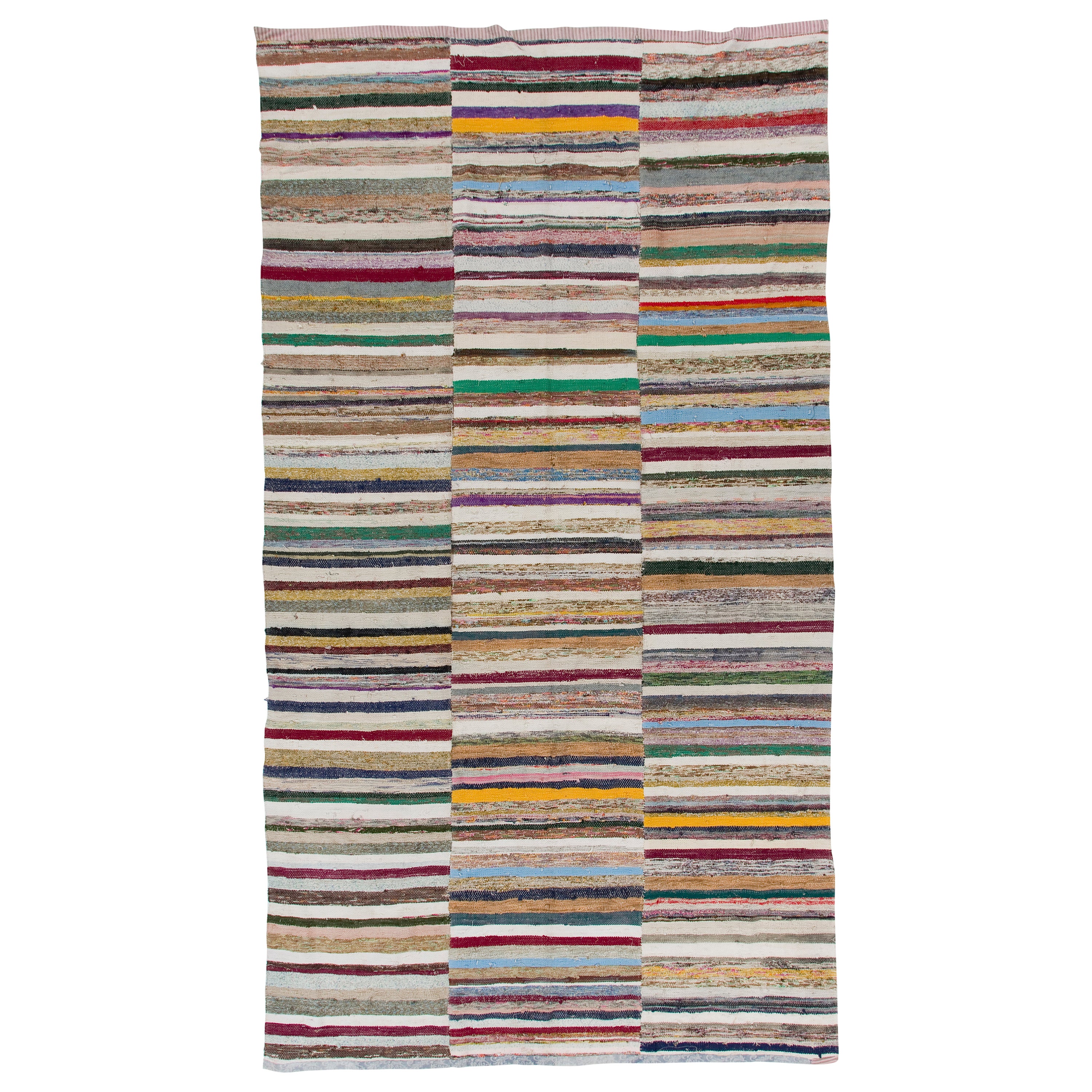 6'3 "x11'4" Colorful Vintage Banded Cotton Kilim, Tappeto di pezza a trama piatta, regolabile