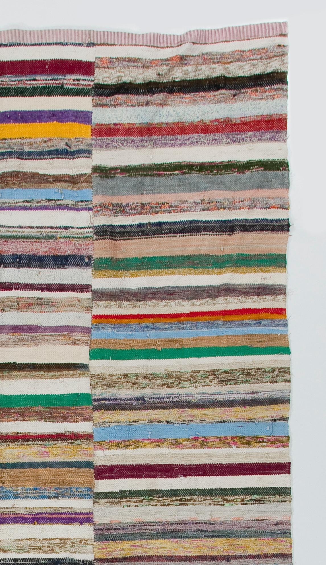 Turkish Colorful Vintage Banded Cotton Kilim, Flat-Weave Rag Rug, Adjustable For Sale