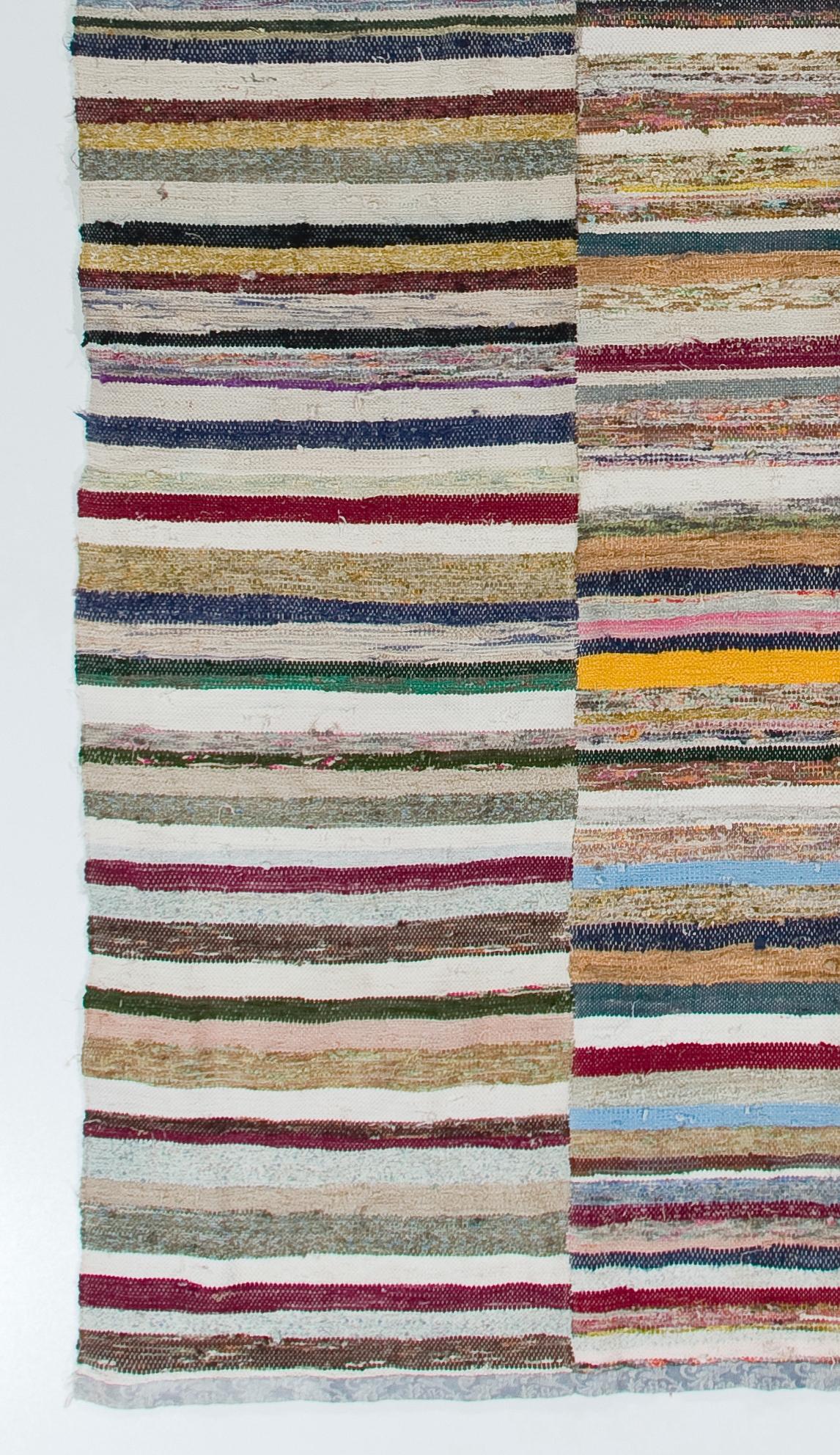 Hand-Woven Colorful Vintage Banded Cotton Kilim, Flat-Weave Rag Rug, Adjustable For Sale