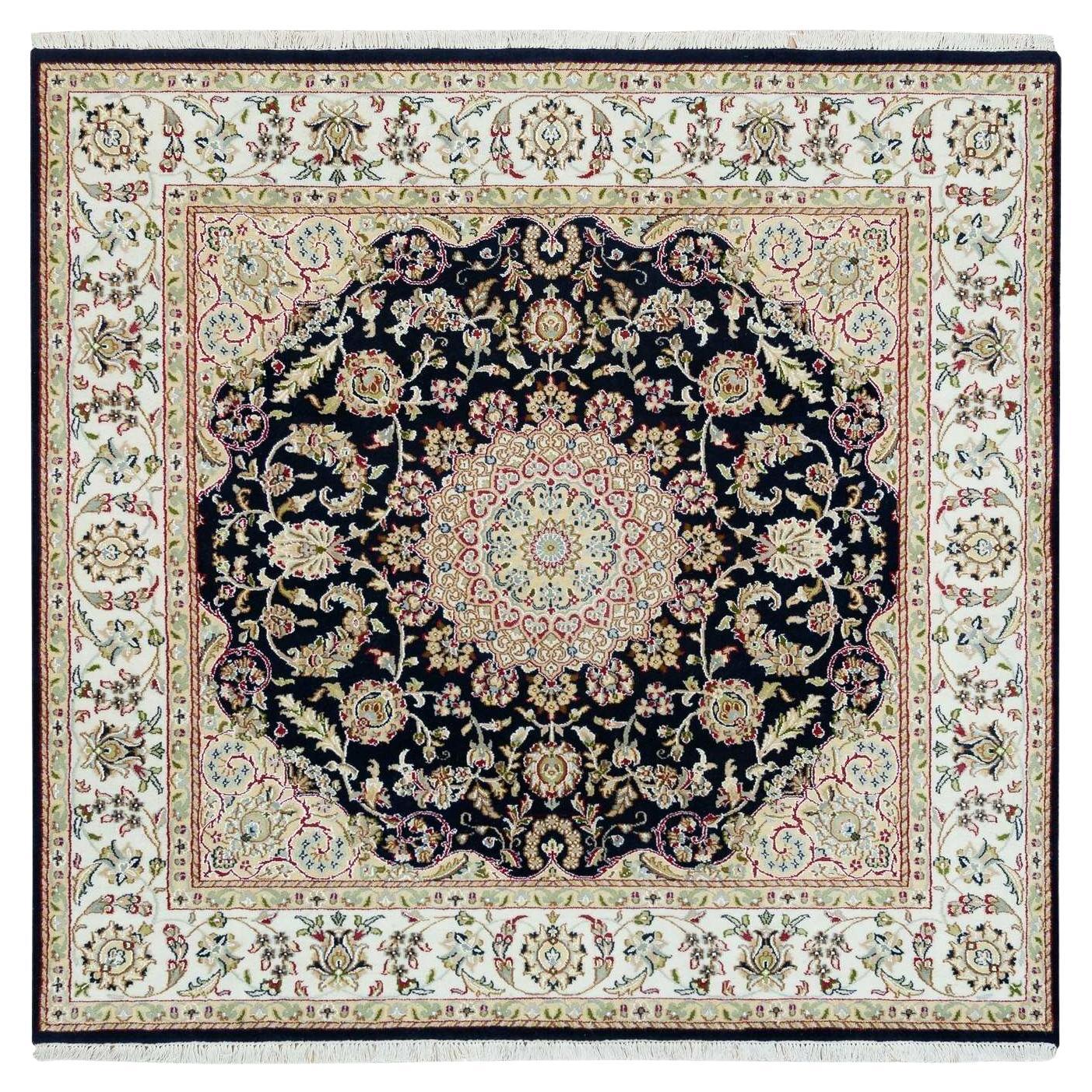 6'3"x6'3" Blue, 250 KPSI, Natural Wool, Hand Knotted, Nain Design Square Rug