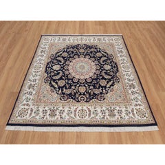 6'3"x6'3" Midnight Blue Nain Flower Design Wool & Silk Hand Knotted Square Rug