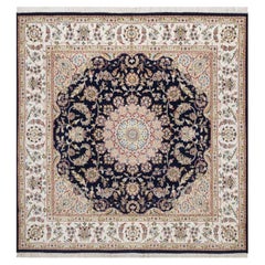 6'3"x6'3" Midnight Blue Nain Flower Design Wool & Silk Hand Knotted Square Rug