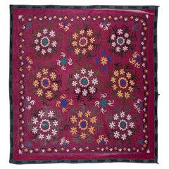 6.3x6.4 ft Unique Hand Embroidered Wall Hanging, Vintage Luxury Bed Cover in Red