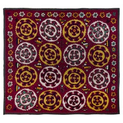Vintage 6.3x6.8 ft Silk Embroidery Wall Hanging, Old Burgundy Red Bedspread, 1970s Throw