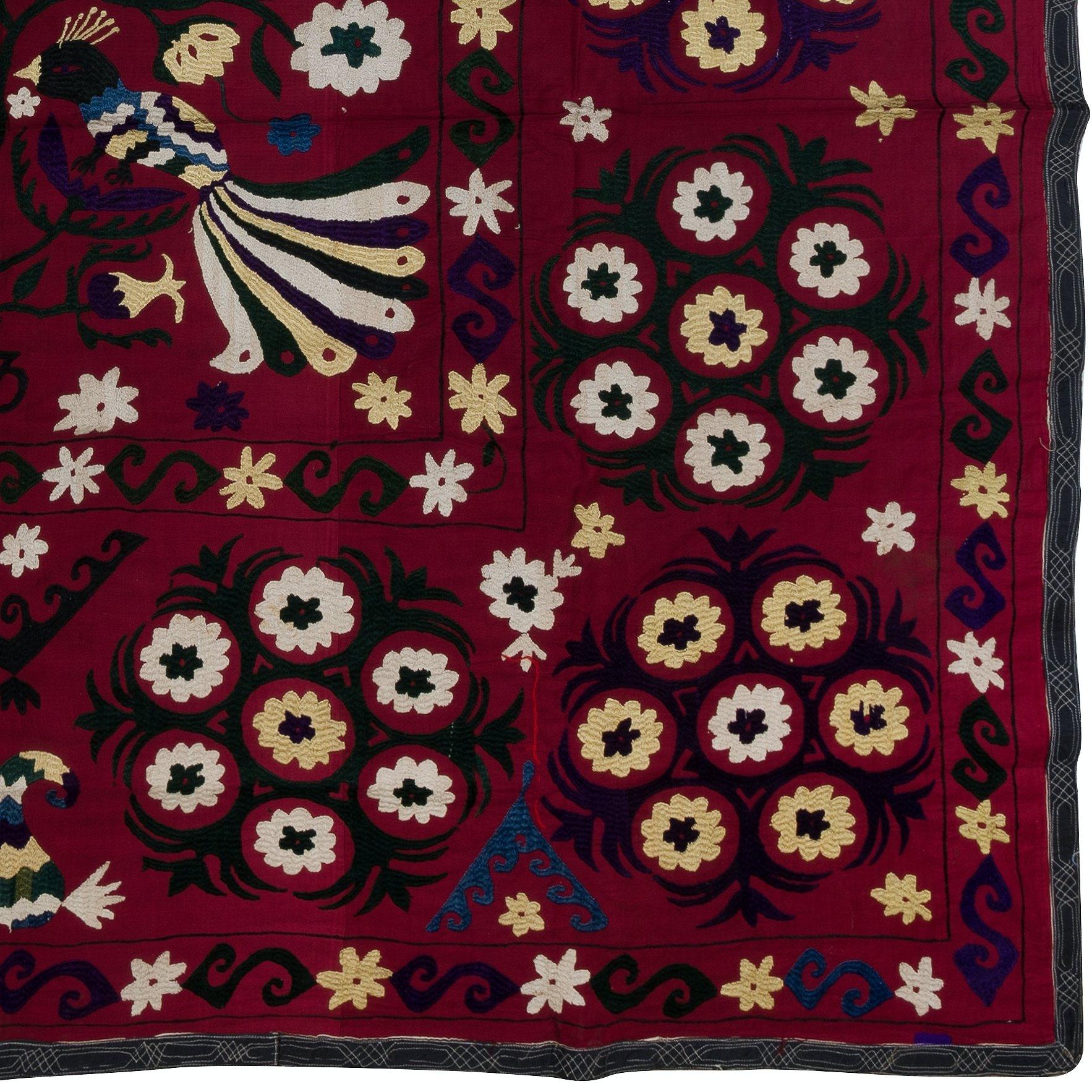 Uzbek 6.3x7.3 ft Silk Embroidery Wall Hanging, Bird & Floral Pattern Suzani Bed Cover For Sale