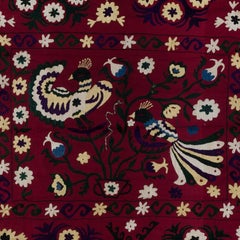 6.3x7.3 ft Silk Embroidery Wall Hanging, Bird & Floral Pattern Suzani Bedspread
